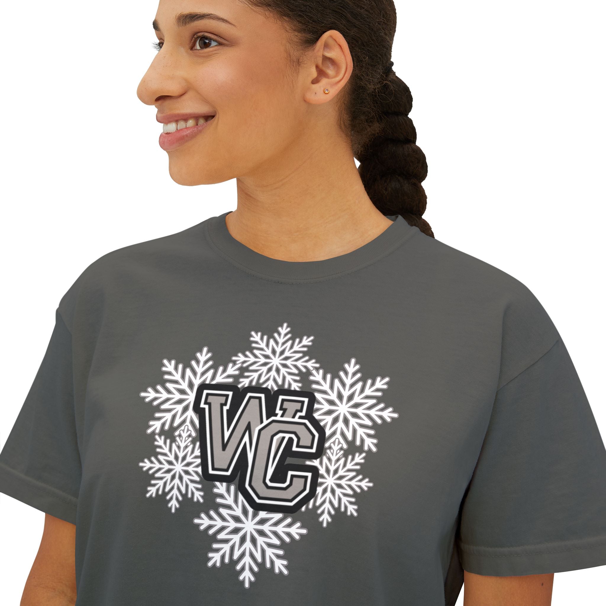 Women's Westerville Central Spirited Snowflake Graphic Boxy Crop Short Sleeve Tee