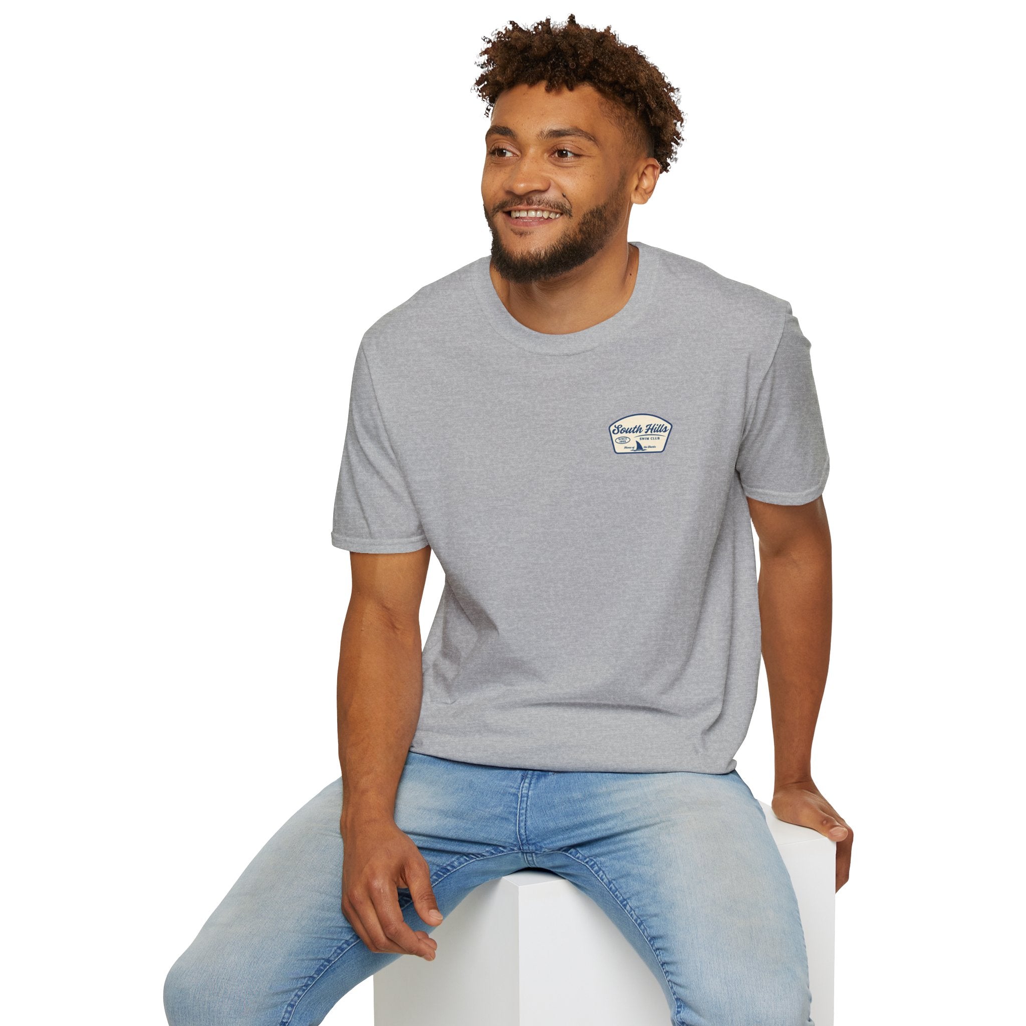 Adult Unisex South Hills Swim Club Home of the Sharks Graphic Short Sleeve Gildan Softstyle Tee