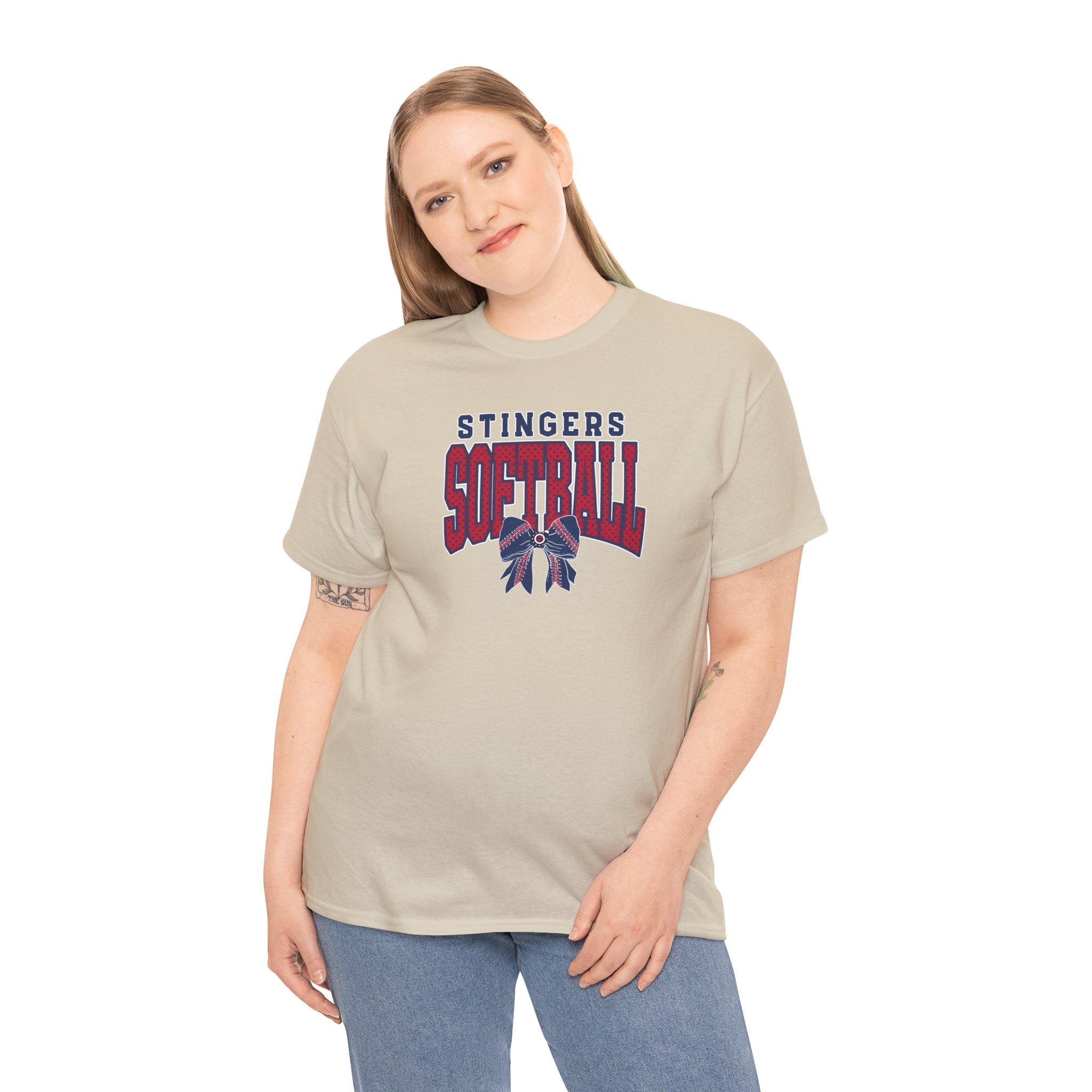Adult Unisex Stingers Softball Stitched Bow Graphic Short Sleeve Gildan Heavy Tee