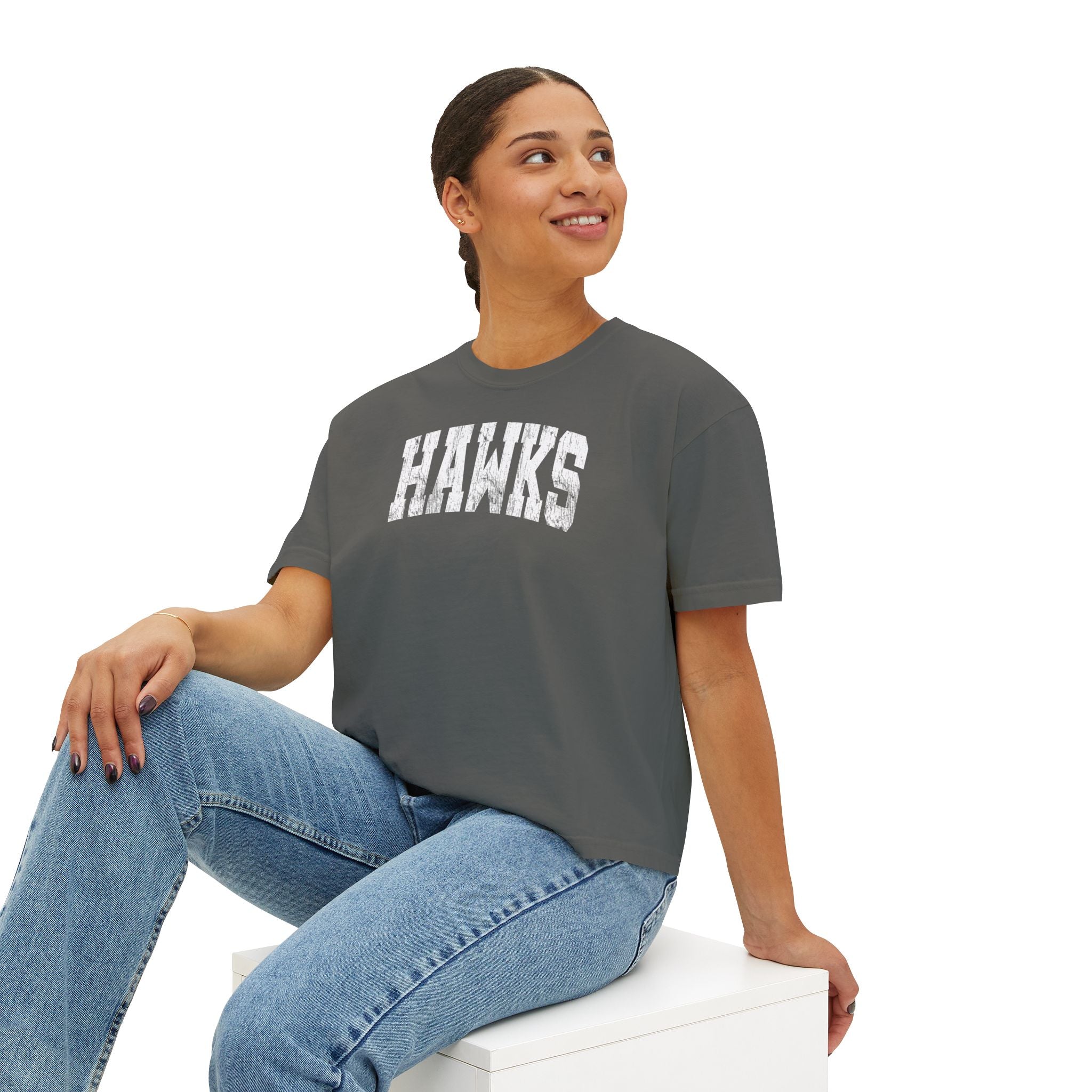 Women's Westerville Central Distressed Oversized Hawks Graphic Boxy Crop Short Sleeve Tee