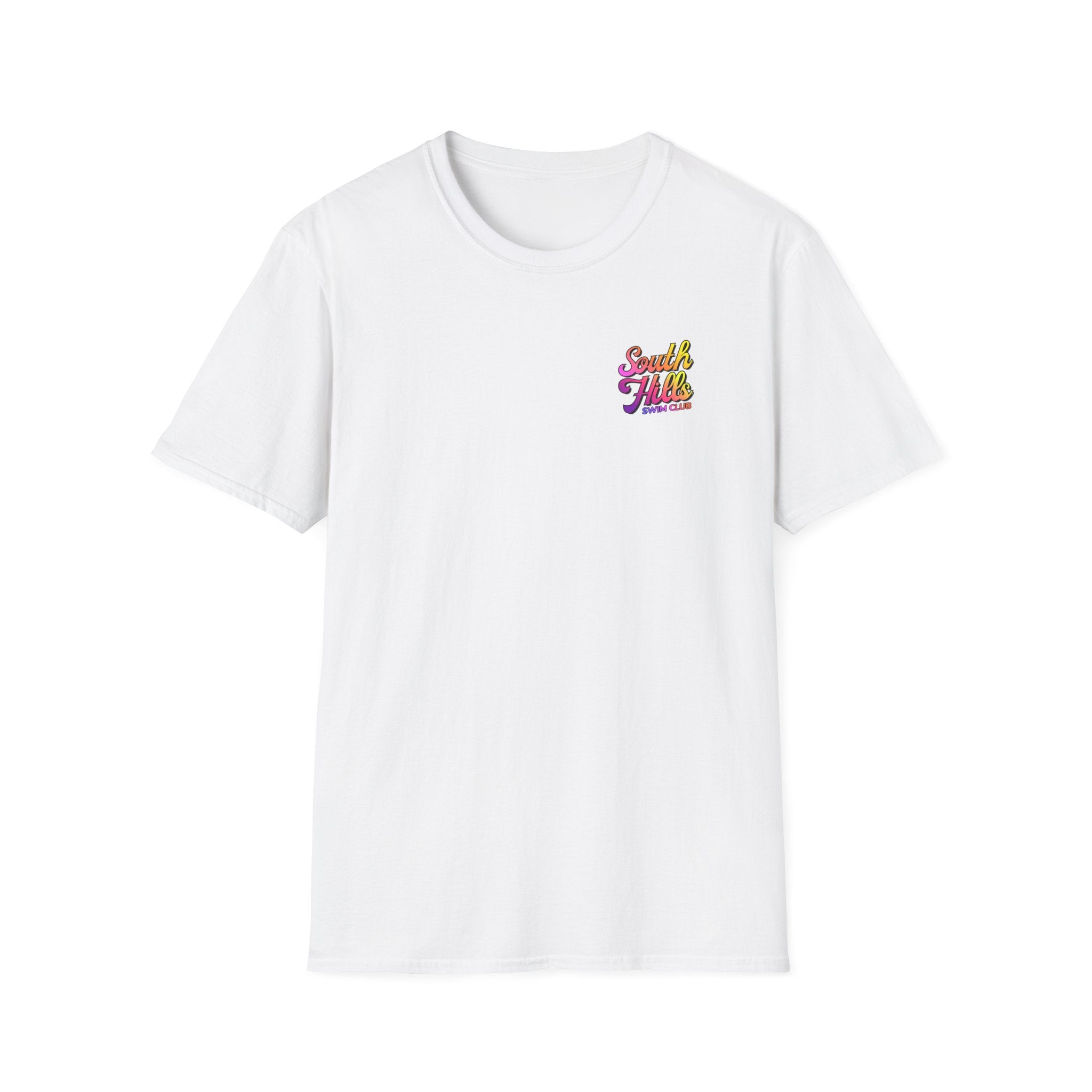 Adult Unisex South Hills Swim Club Sunset Script Graphic Short Sleeve Gildan Softstyle Tee
