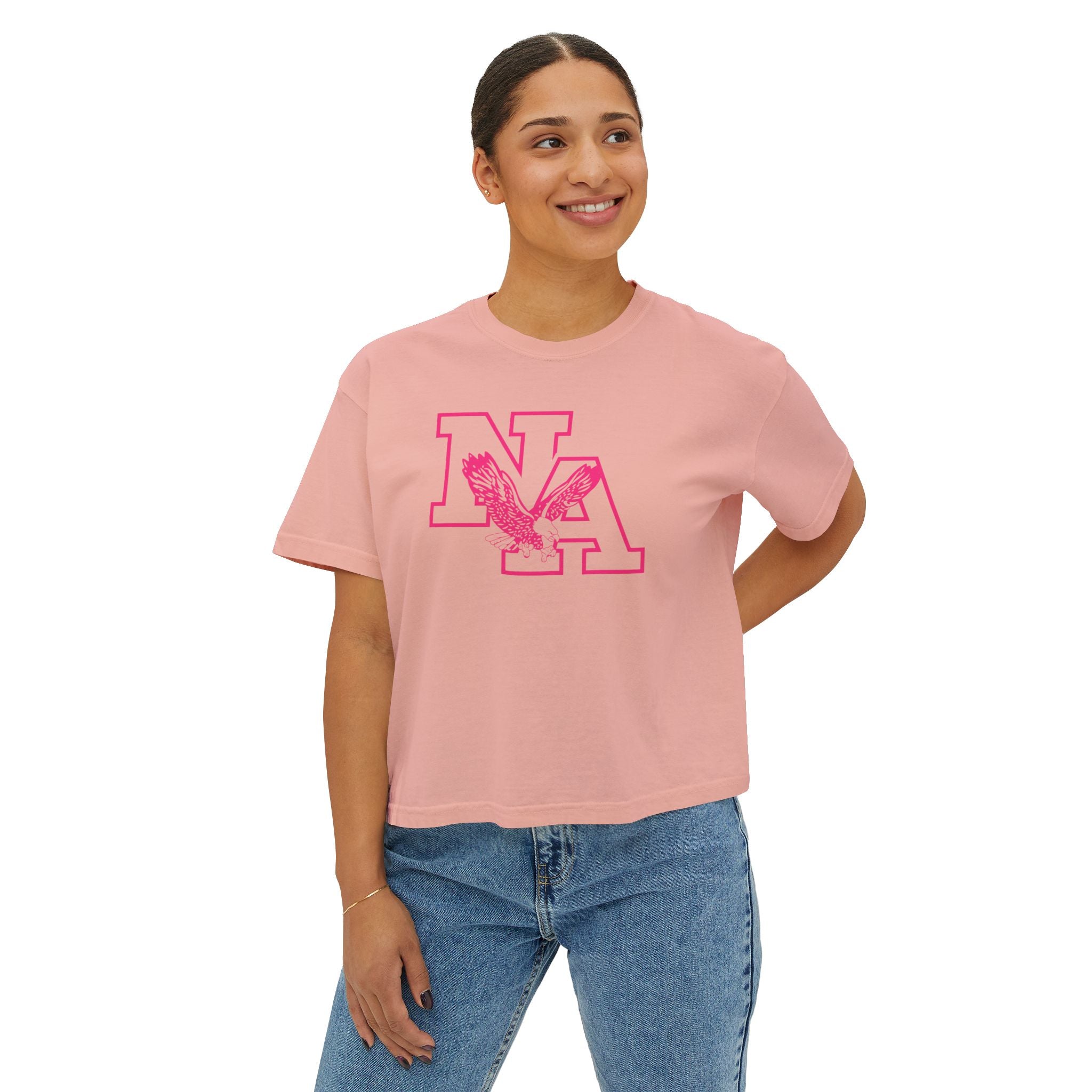Women's Neon Pink Power Logo Graphic Boxy Crop Short Sleeve Tee - PINK OCTOBER