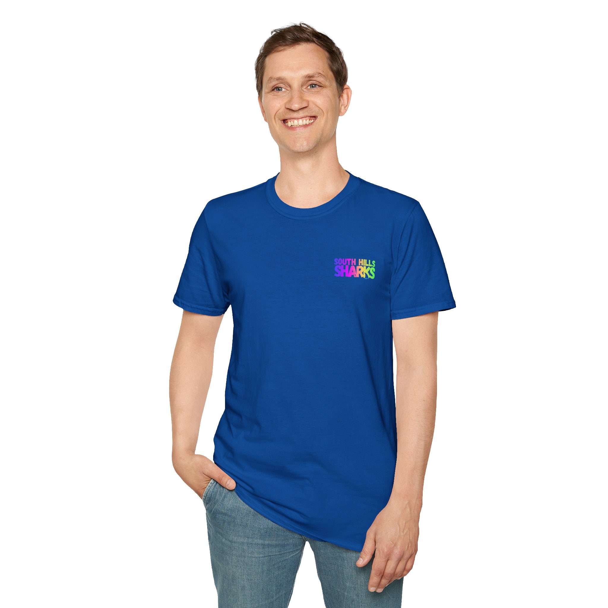 Adult Unisex South Hills Swim Team Neon Rainbow Graphic Short Sleeve Gildan Softstyle Tee