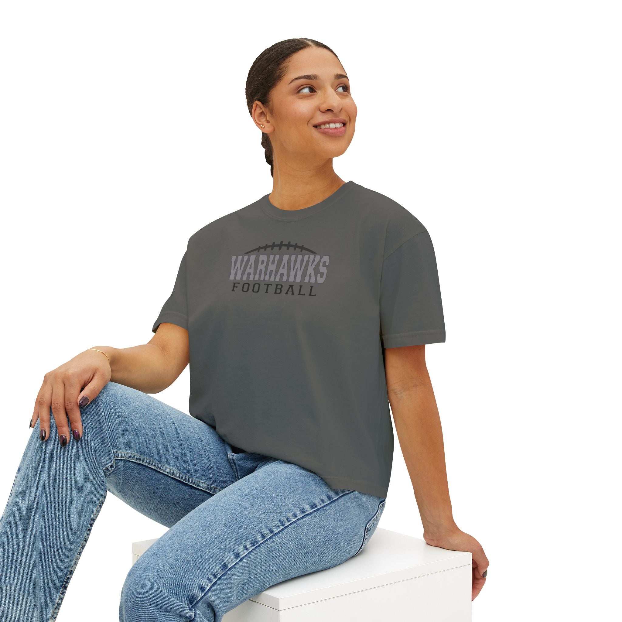 Women's Westerville Central Warhawks Football Laces Graphic Boxy Crop Short Sleeve Tee