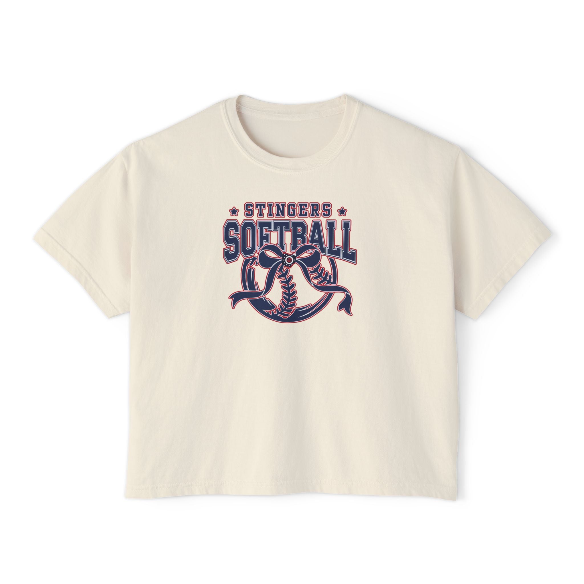 Women's Stingers Softball Spirit Bow Graphic Boxy Crop Short Sleeve Tee