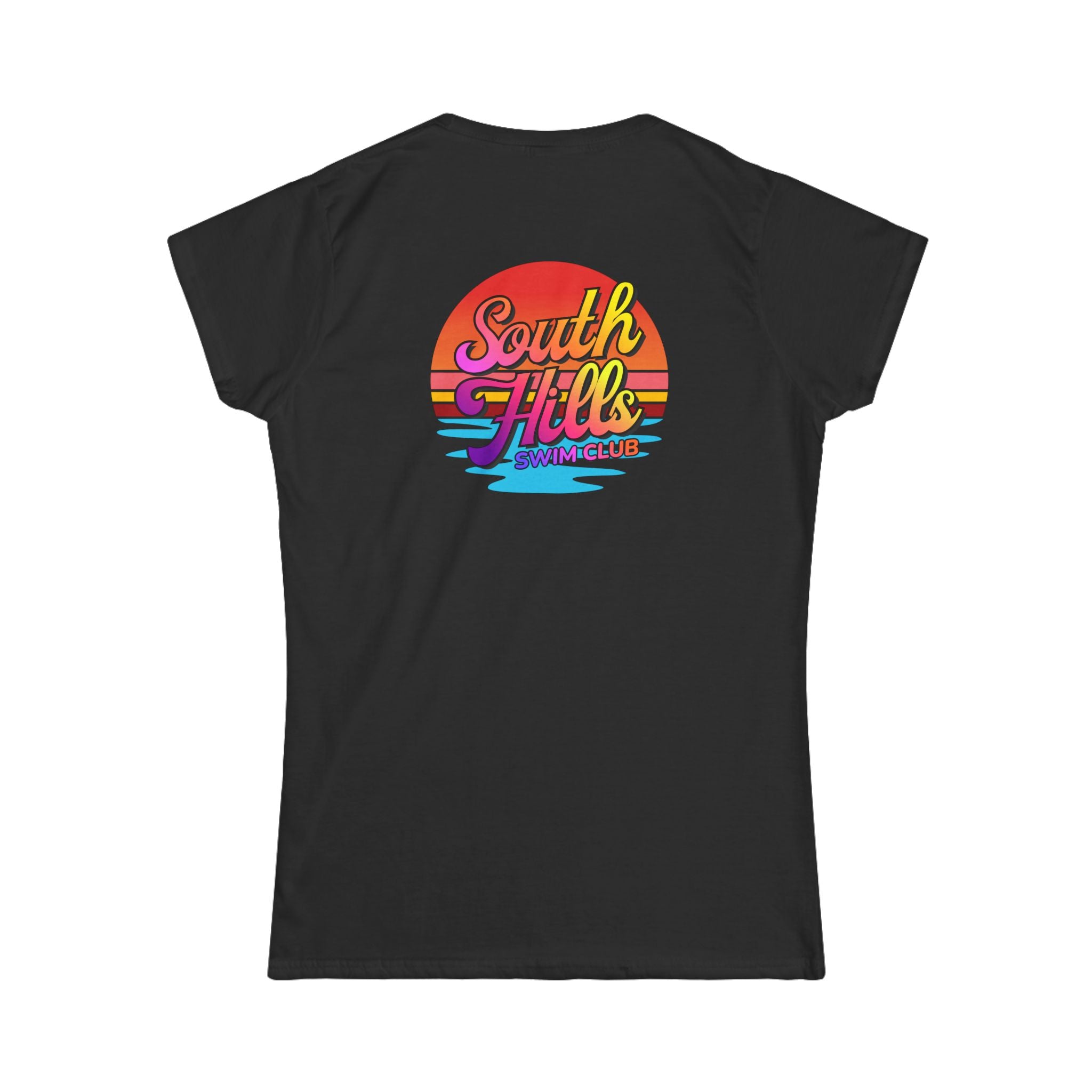 Women's South Hills Swim Club Sunset Script Graphic Short Sleeve Gildan Softstyle Tee