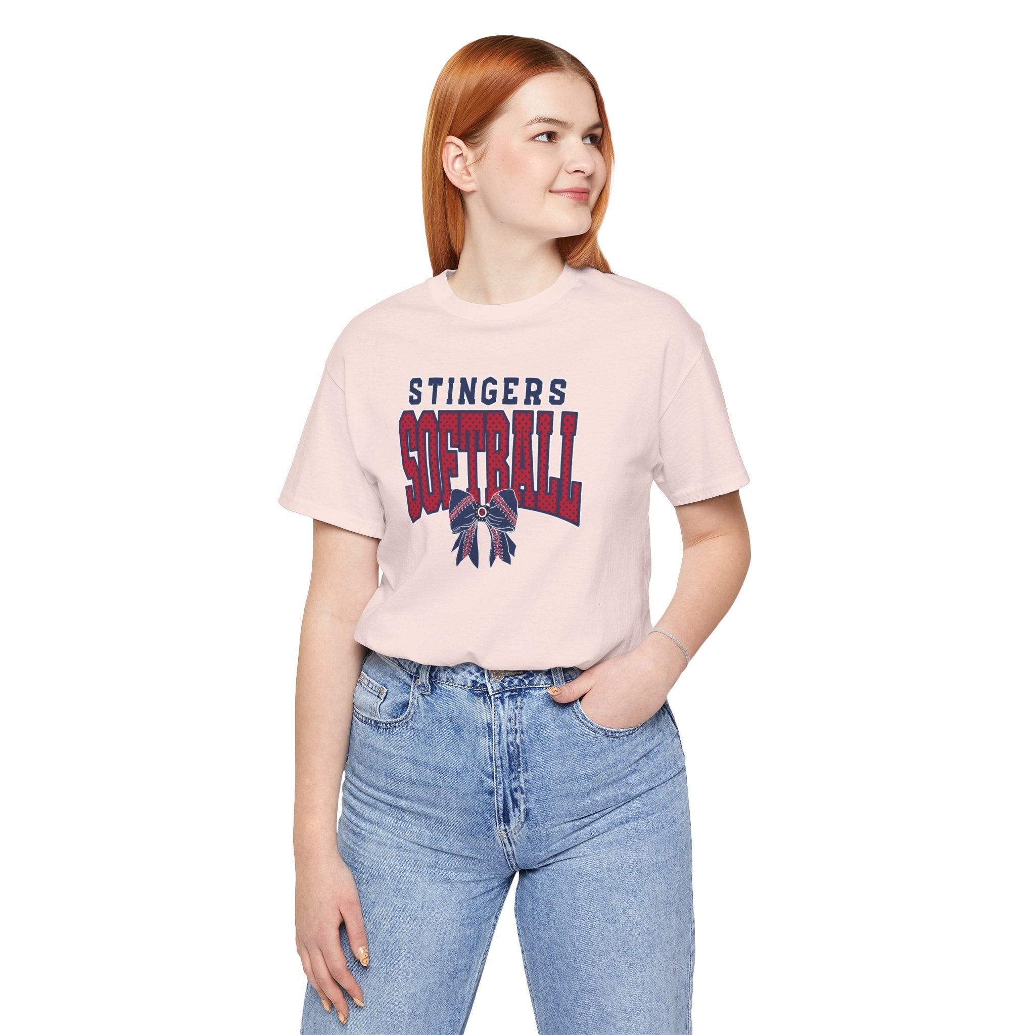 Adult Unisex Stingers Softball Stitched Bow Graphic Short Sleeve Bella + Canvas Soft Tee
