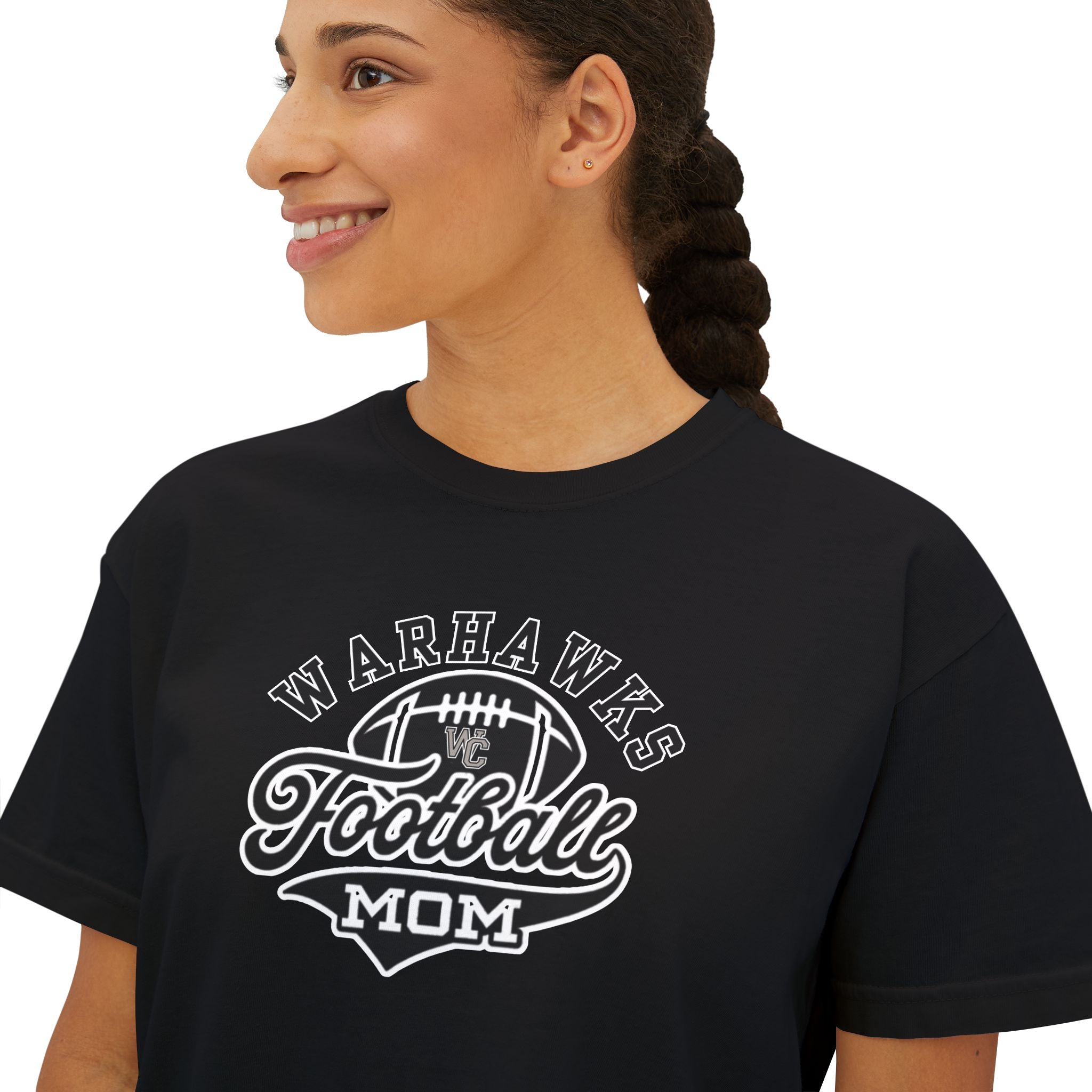 Women's Warhawks Spirit Script Football Mom Graphic Boxy Crop Short Sleeve Tee