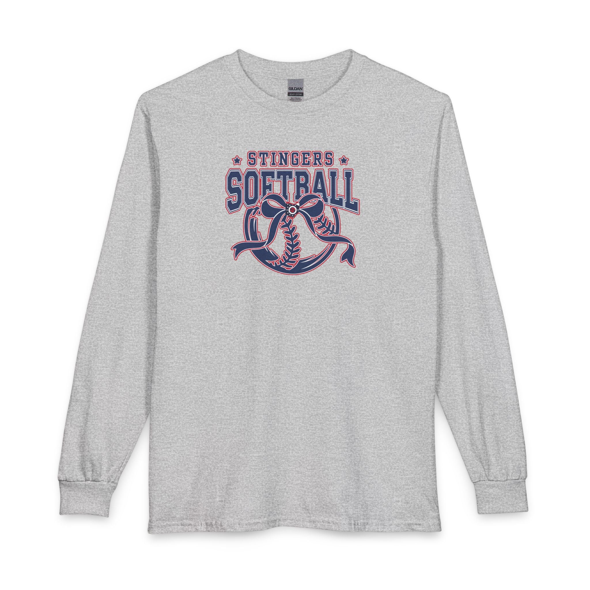 Adult Unisex Stingers Softball Spirit Bow Graphic Long Sleeve Gildan Tee