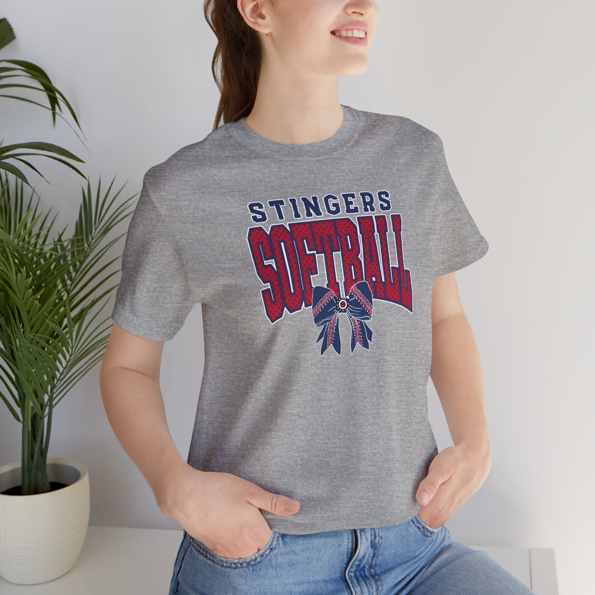 Adult Unisex Stingers Softball Stitched Bow Graphic Short Sleeve Bella + Canvas Soft Tee