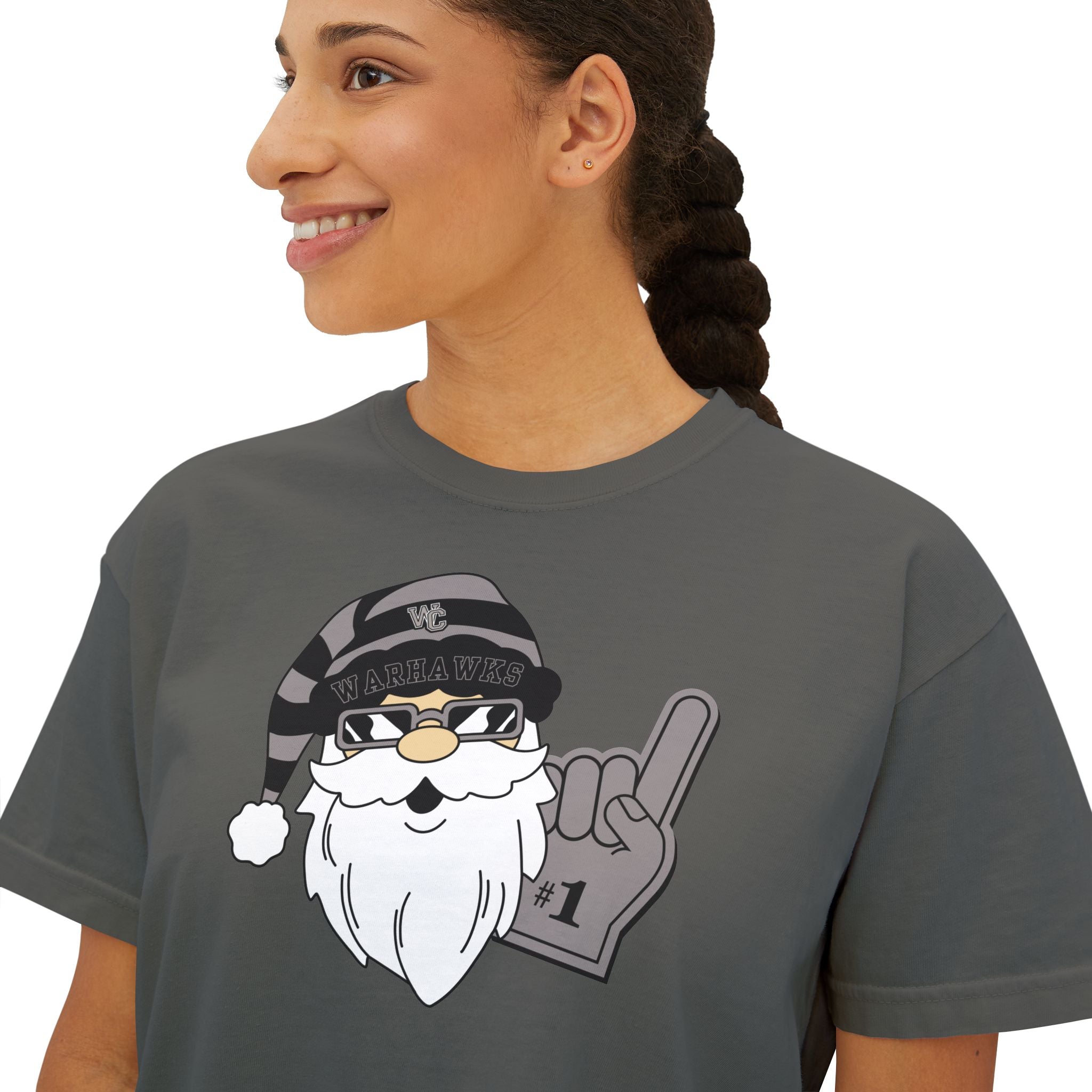 Women's Westerville Central Spirited Santa Graphic Boxy Crop Short Sleeve Tee