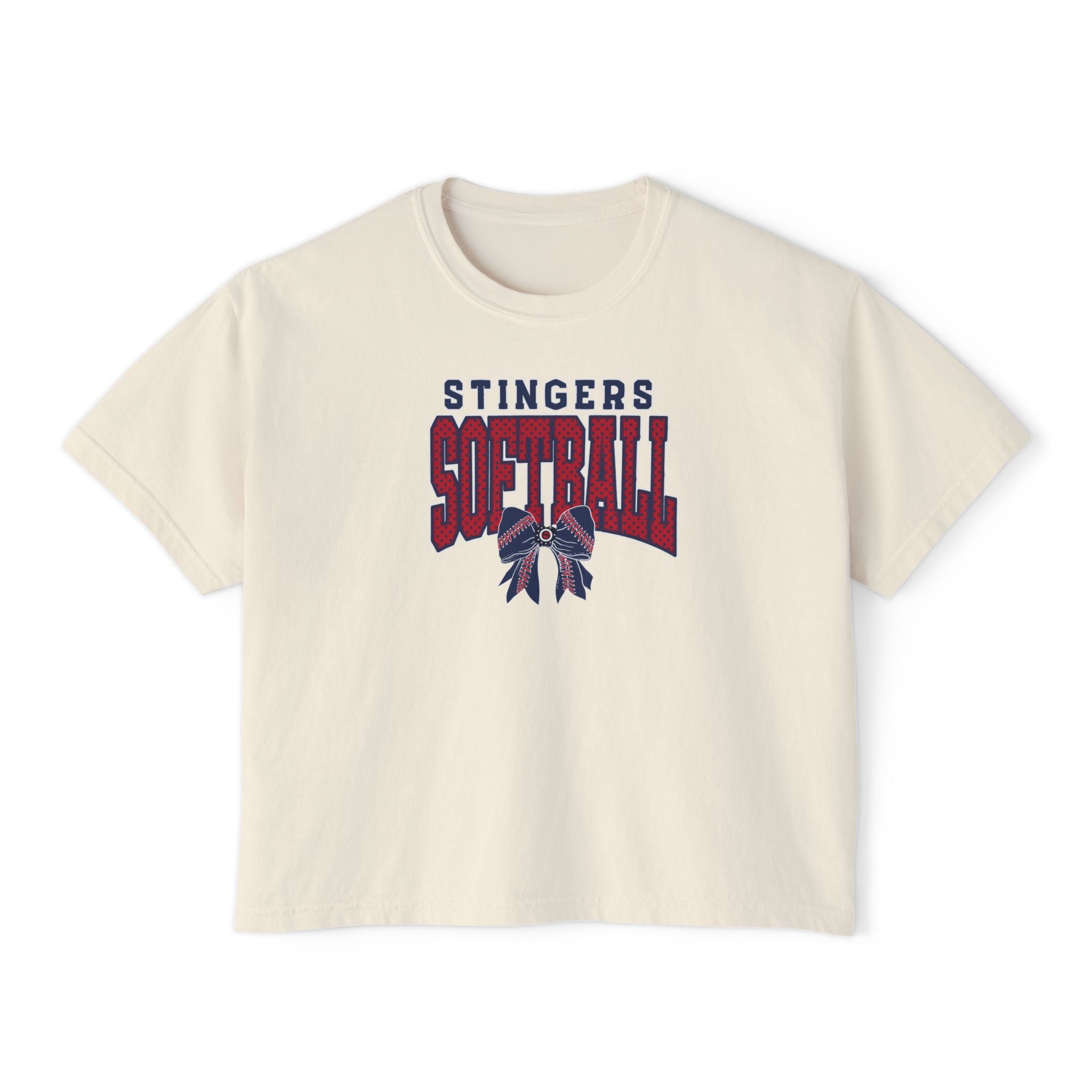 Women's Stingers Softball Stitched Bow Graphic Boxy Crop Short Sleeve Tee