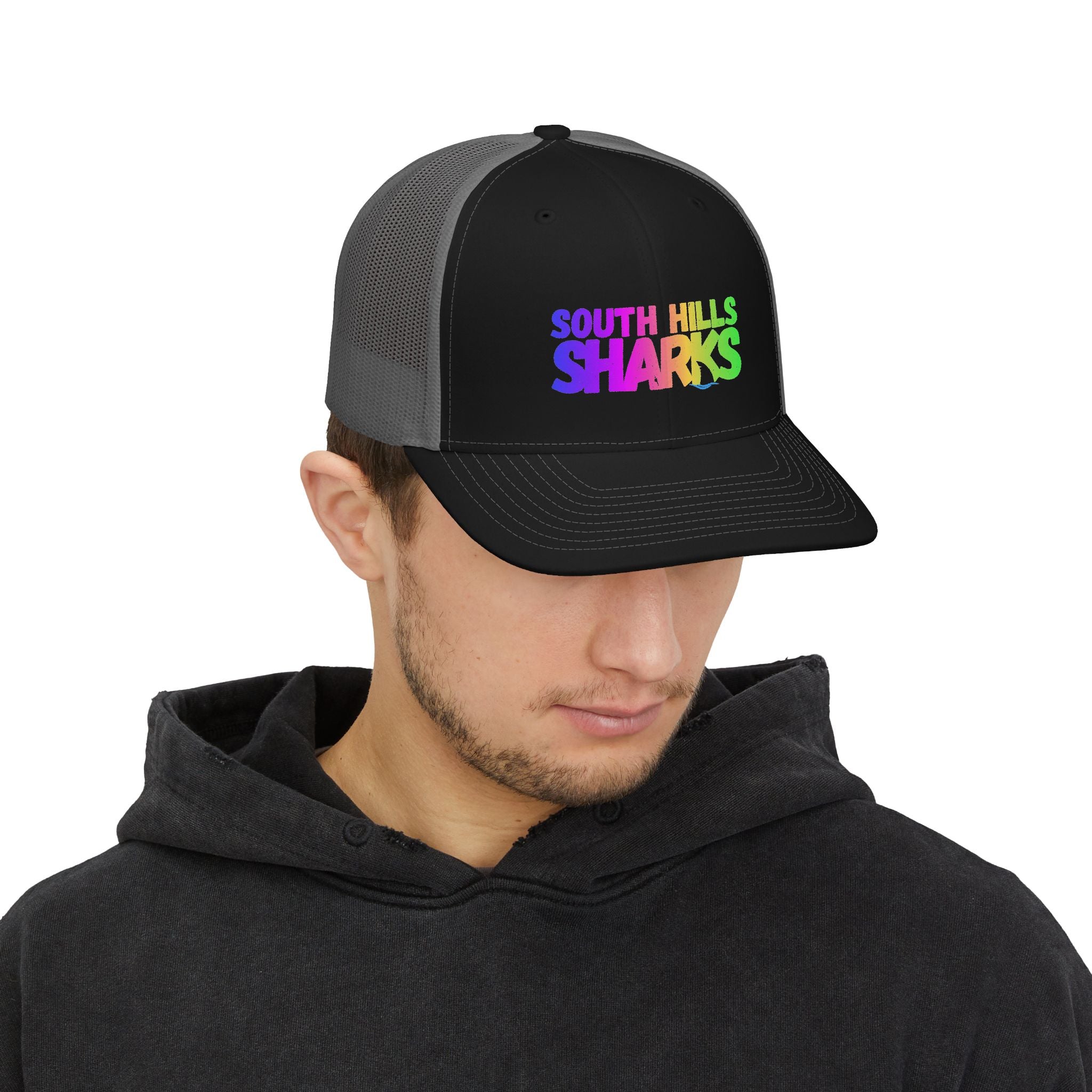 Adult Unisex South Hills Sharks Neon Rainbow Graphic Richardson 112 Snapback Trucker Hat
