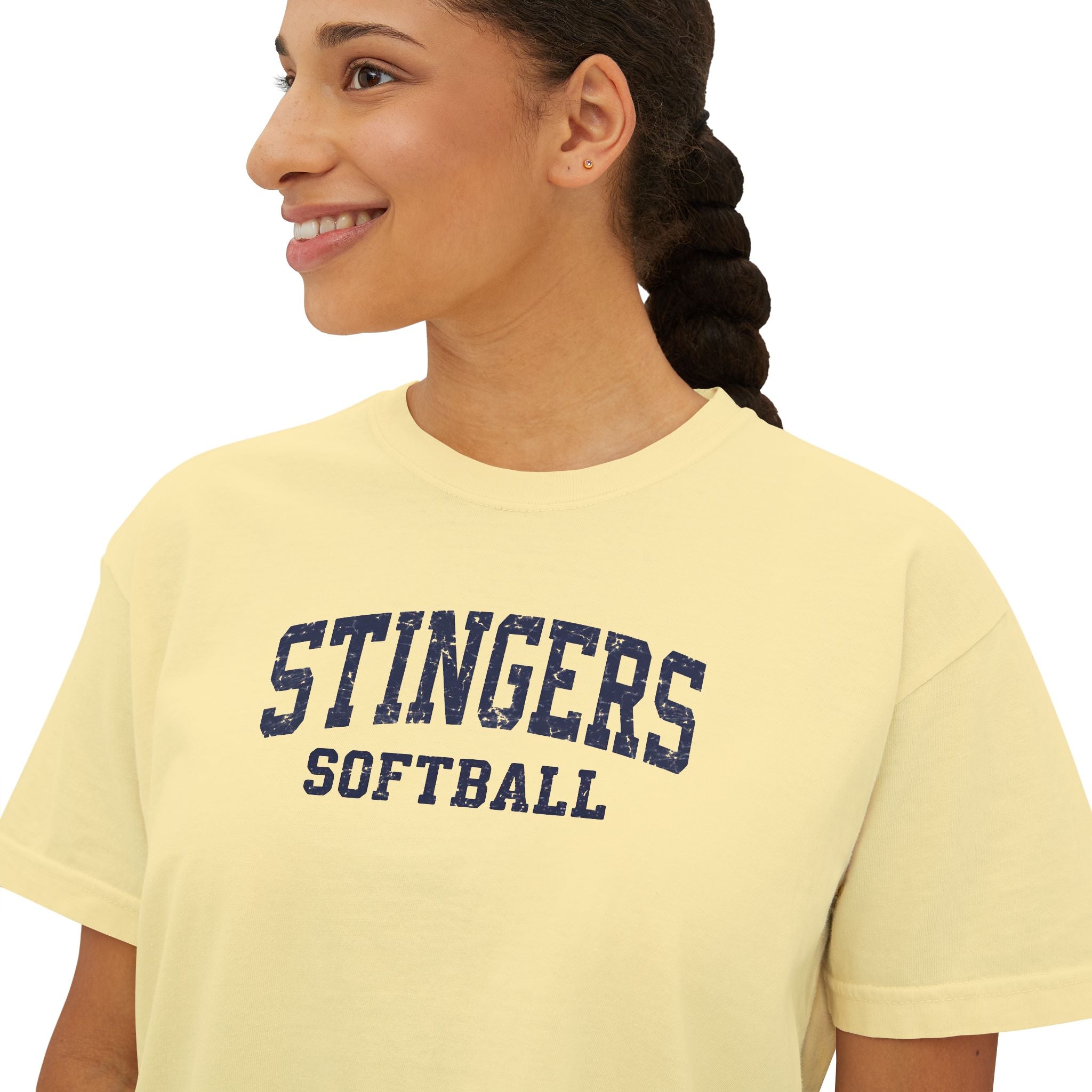Women's Stingers Softball Vintage Distressed Graphic Boxy Crop Short Sleeve Tee