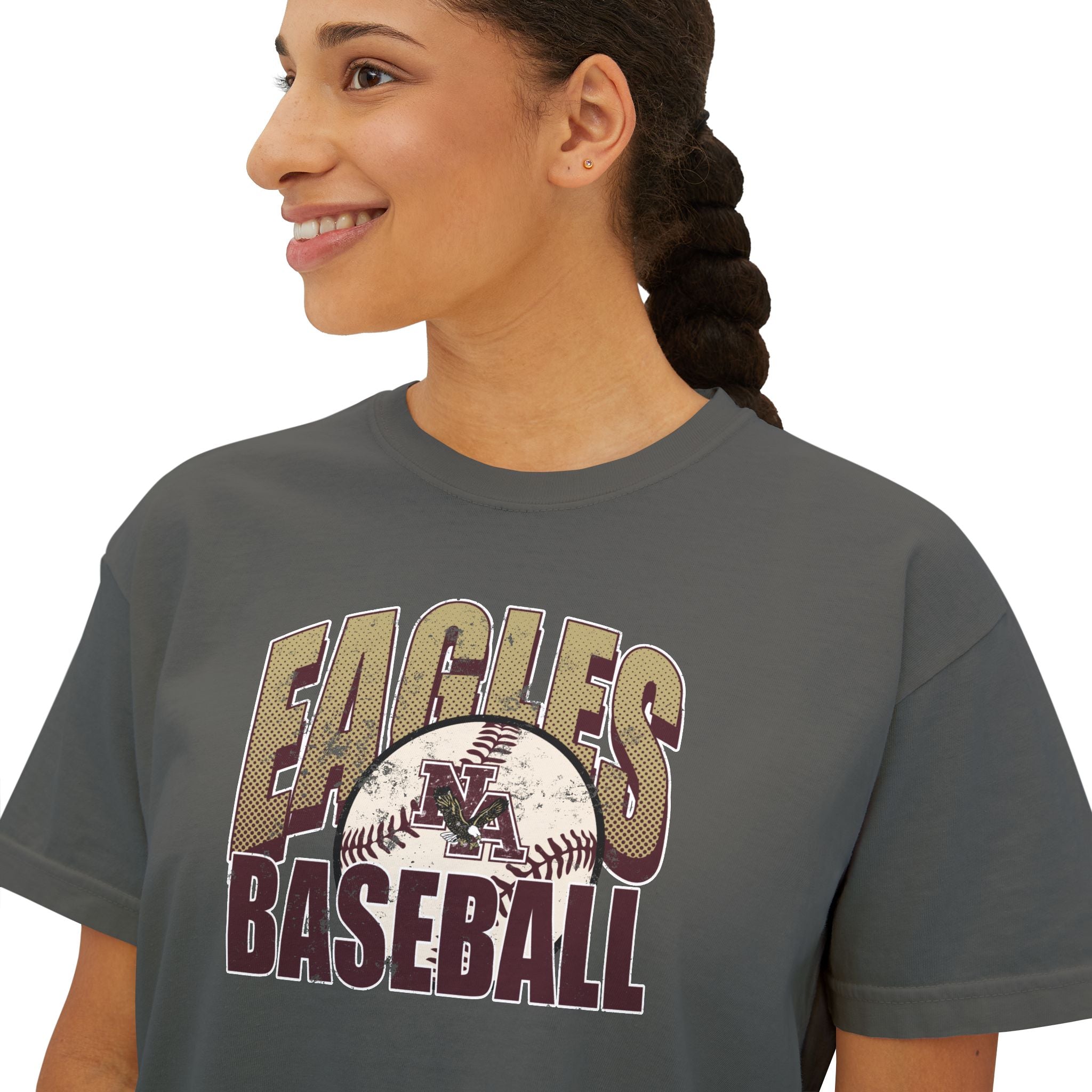 Women's New Albany Eagles Baseball Vintage Distressed Graphic Boxy Crop Short Sleeve Tee
