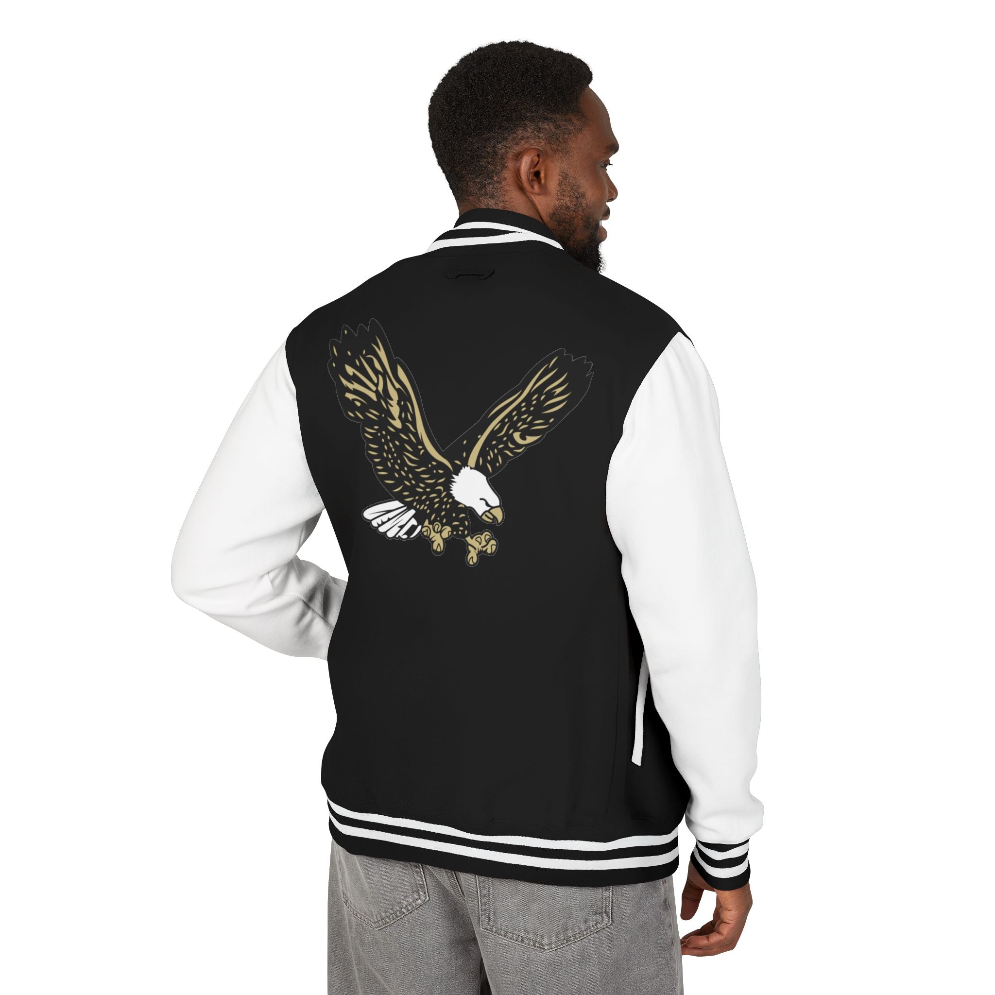 Adult Unisex Heavyweight Letterman Style Jacket with Front Gold Classic Logo and Back Eagle