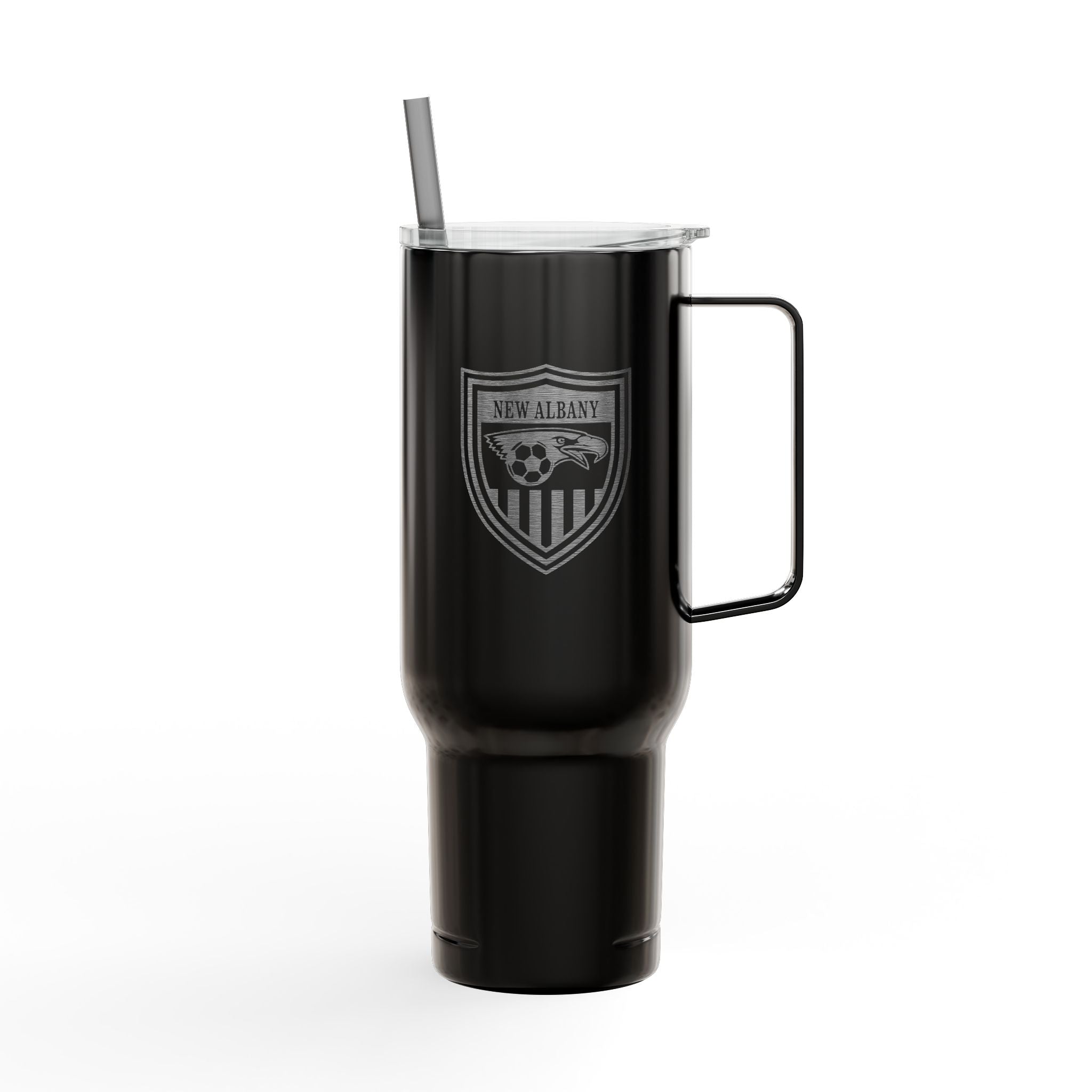 New Albany Youth Soccer League Crest Engraved Koozie Brand Insulated Tumbler with Lid