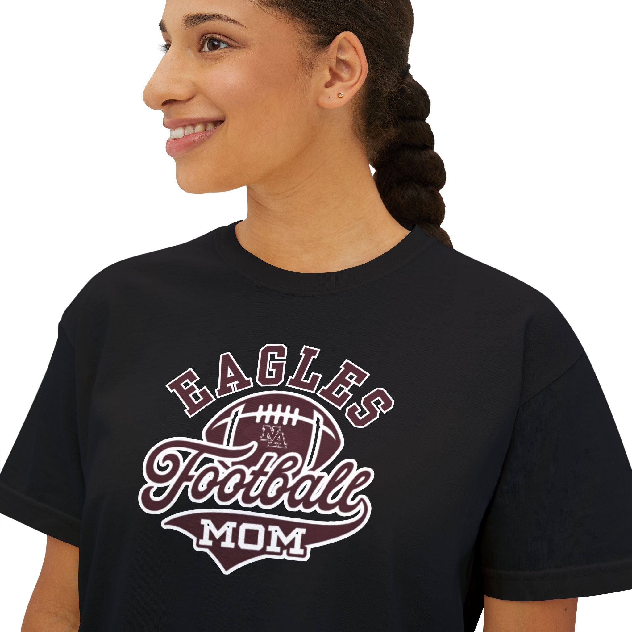 Women's Eagles Spirit Script Football Mom Graphic Boxy Crop Short Sleeve Tee