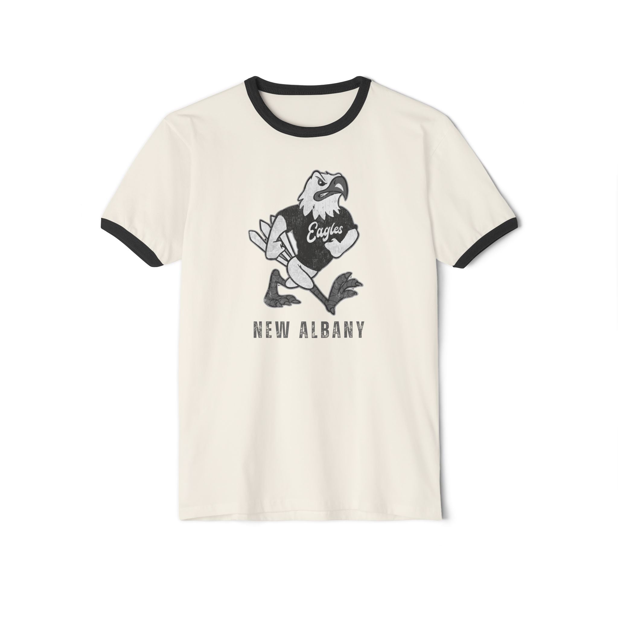 Adult Unisex New Albany Black and White Vintage Fighting Eagle Graphic Short Sleeve Ringer Tee