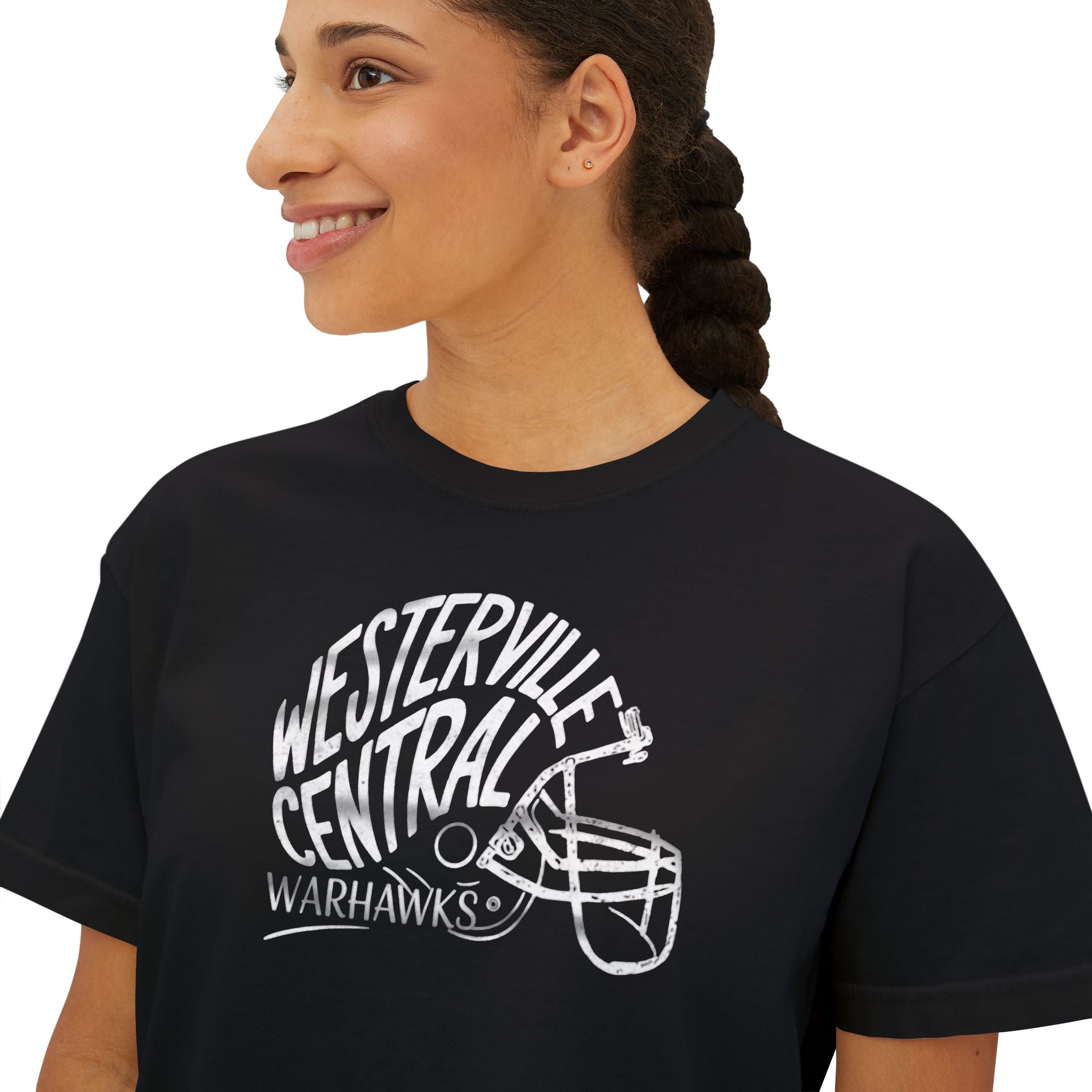 Women's Westerville Central Hustle Helmet Graphic Boxy Crop Short Sleeve Tee