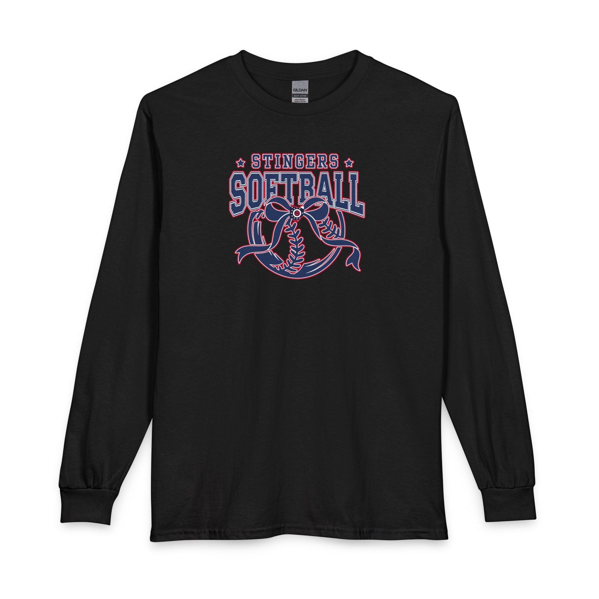 Adult Unisex Stingers Softball Spirit Bow Graphic Long Sleeve Gildan Tee