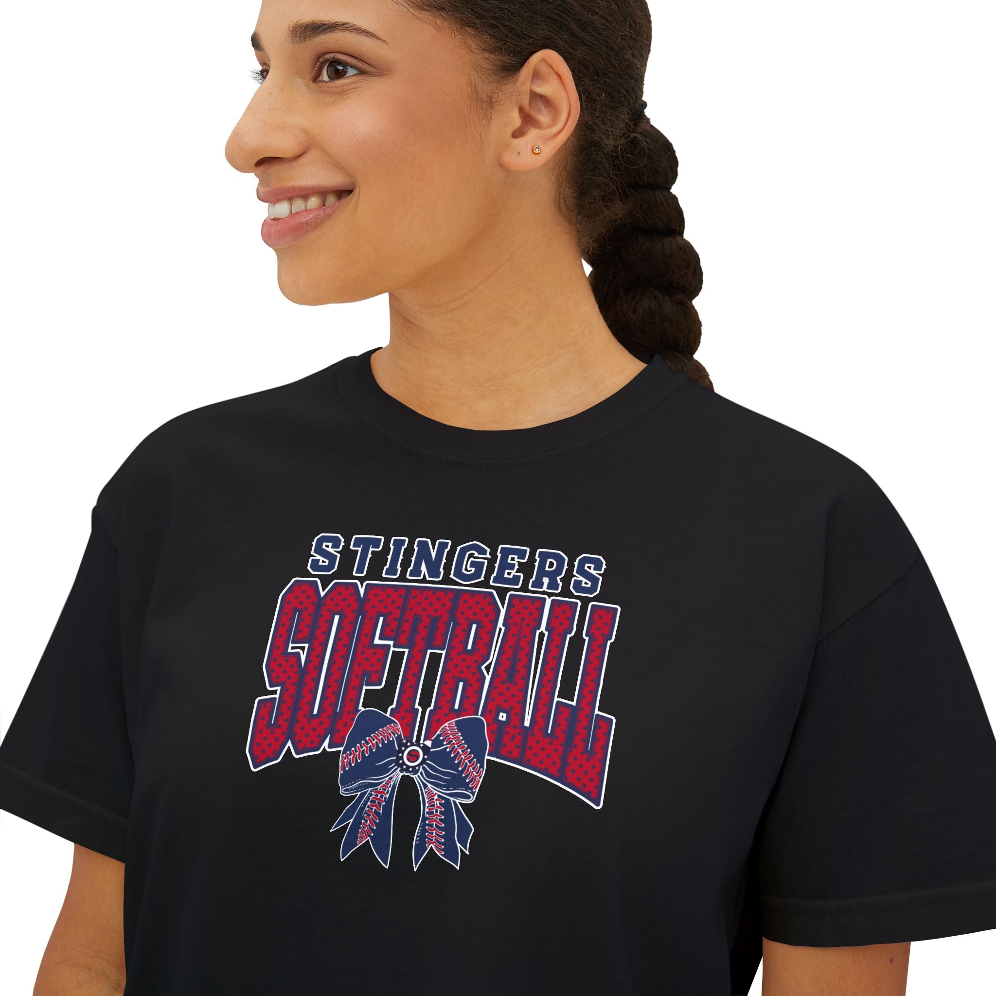 Women's Stingers Softball Stitched Bow Graphic Boxy Crop Short Sleeve Tee