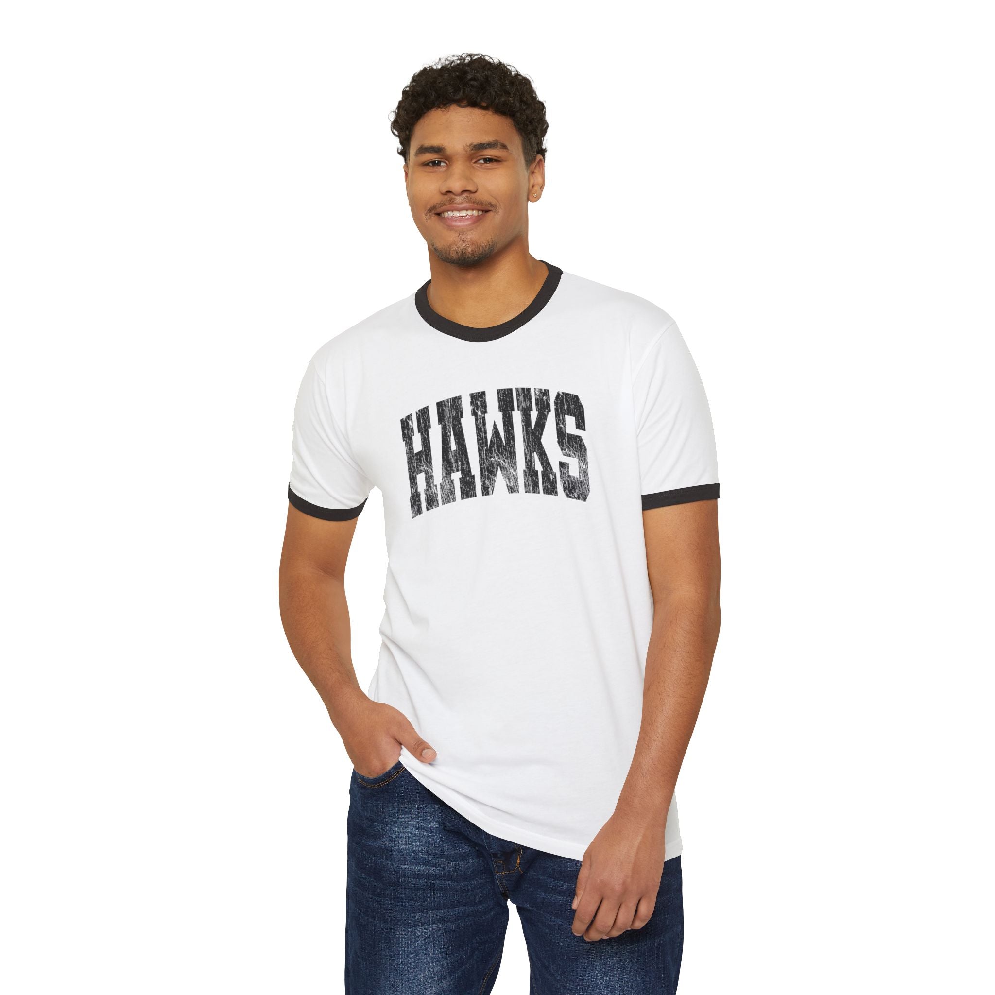 Adult Unisex Westerville Central Distressed Oversized Hawks Graphic Short Sleeve Ringer Tee