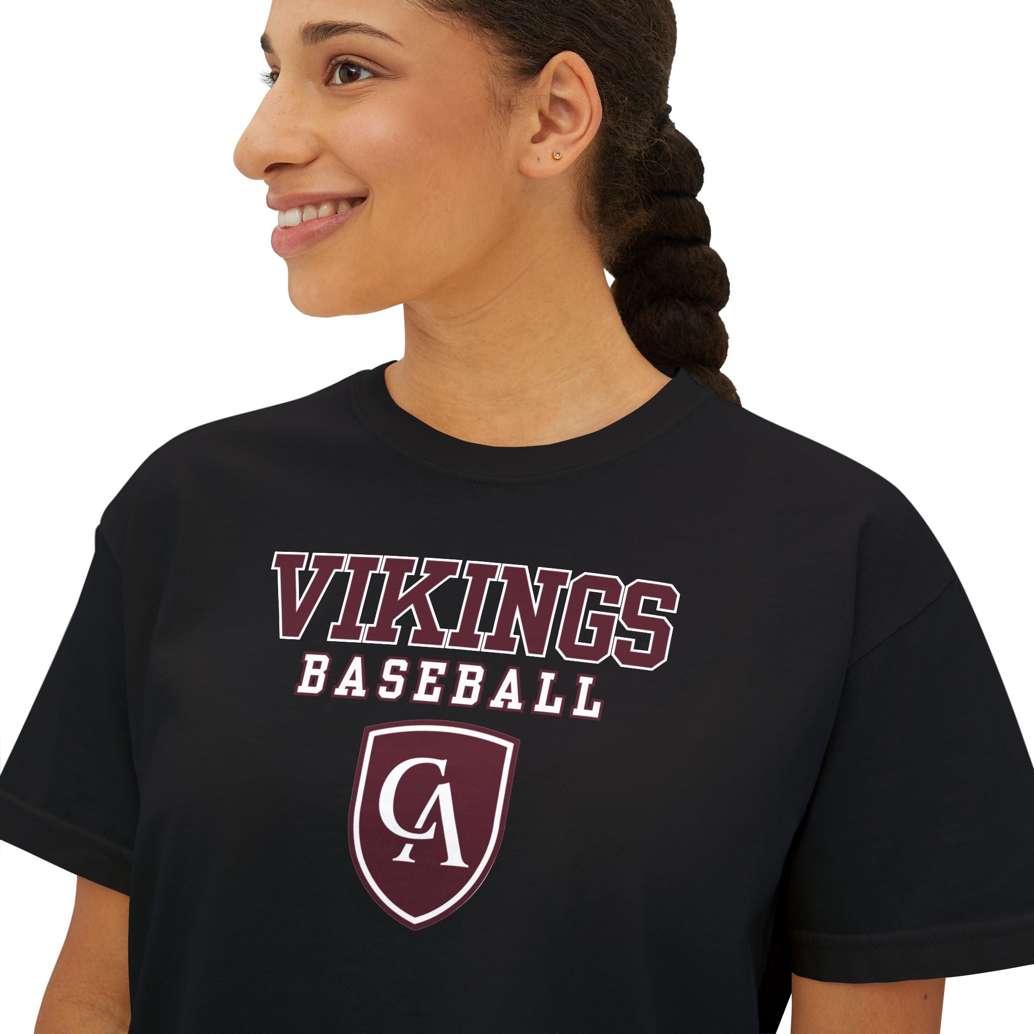 Women's Columbus Academy Vikings Baseball Graphic Boxy Crop Short Sleeve Tee