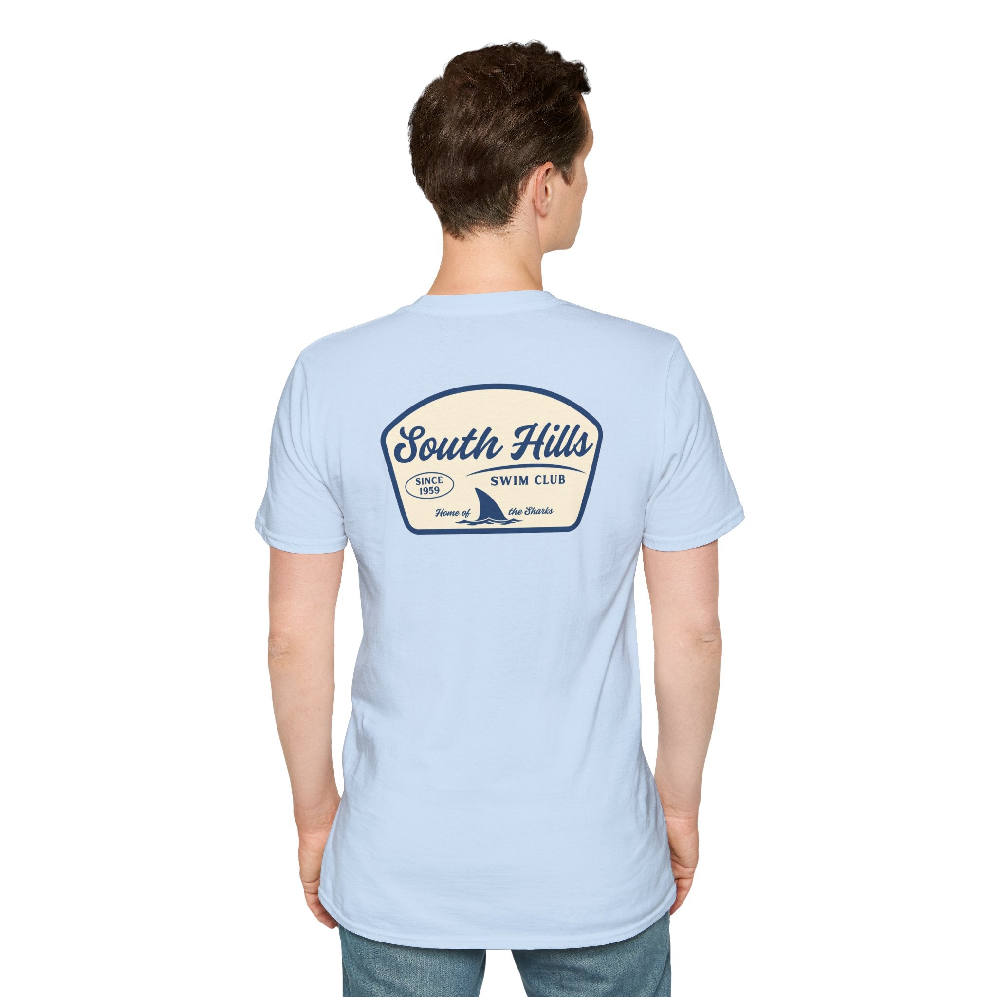Adult Unisex South Hills Swim Club Home of the Sharks Graphic Short Sleeve Gildan Softstyle Tee