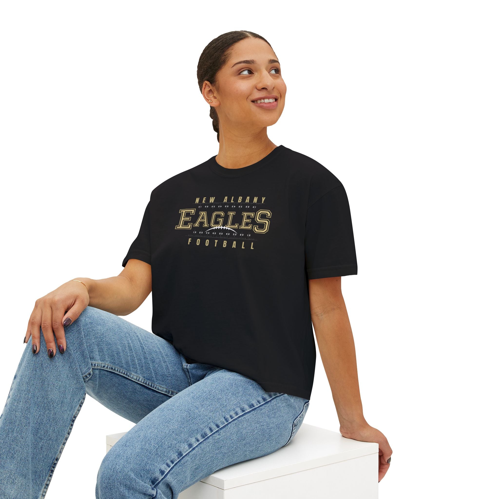 Women's New Albany Football Defend the Field Graphic Boxy Crop Short Sleeve Tee