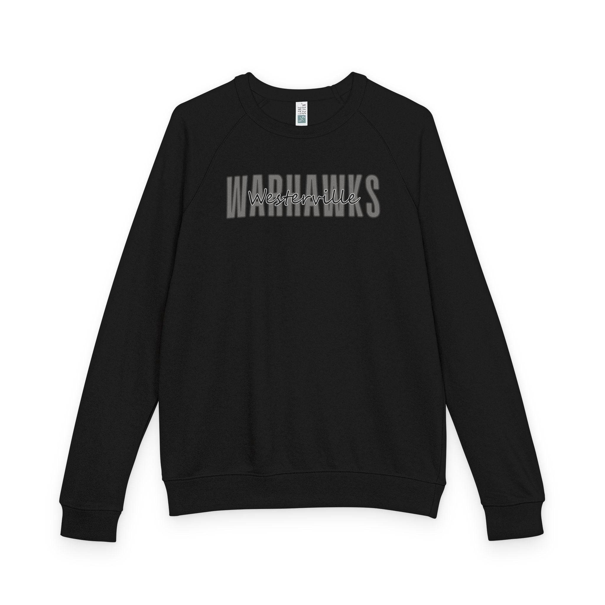 Adult Unisex Westerville Central Warhawks Spirit Script Graphic French Terry Raglan Crewneck