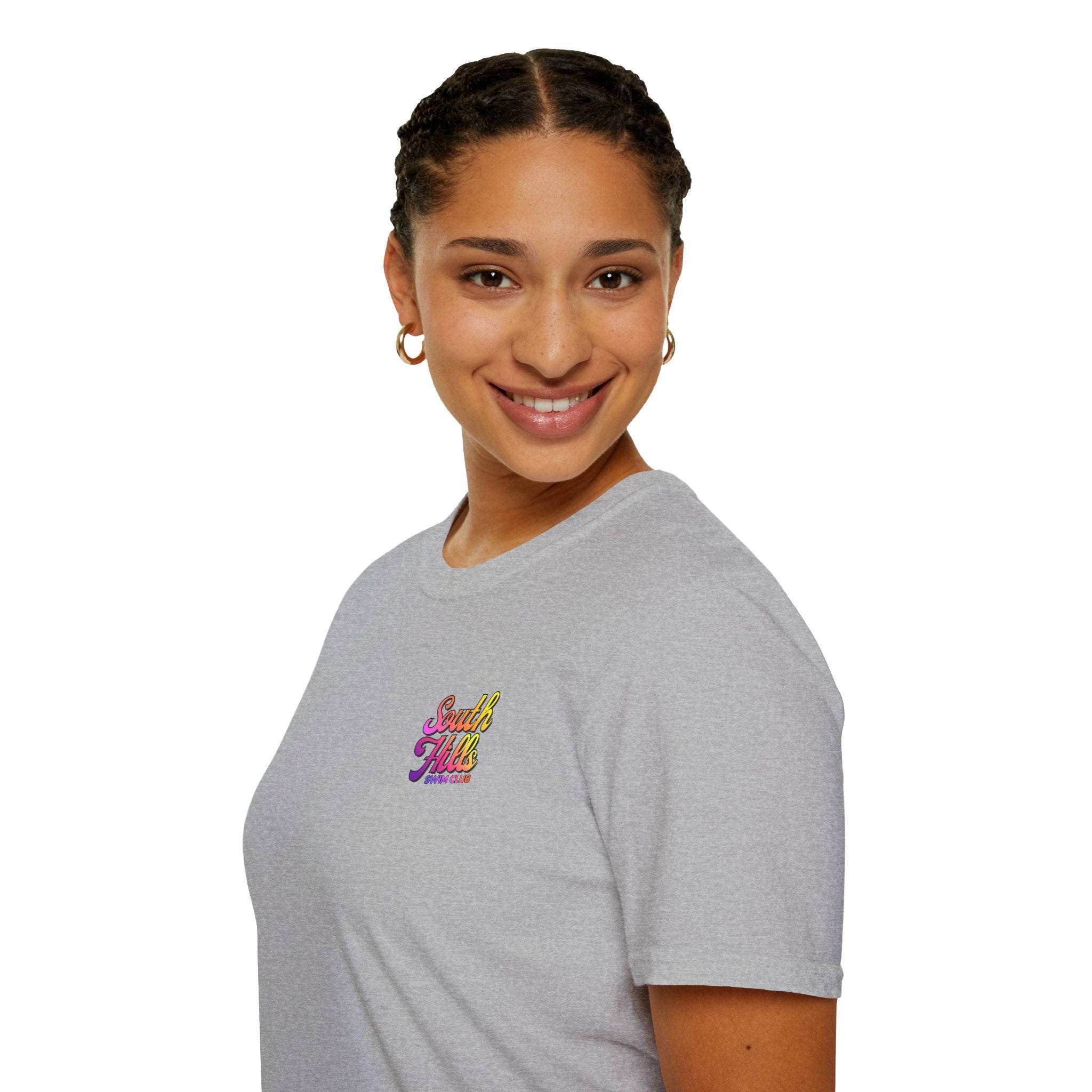 Adult Unisex South Hills Swim Club Sunset Script Graphic Short Sleeve Gildan Softstyle Tee
