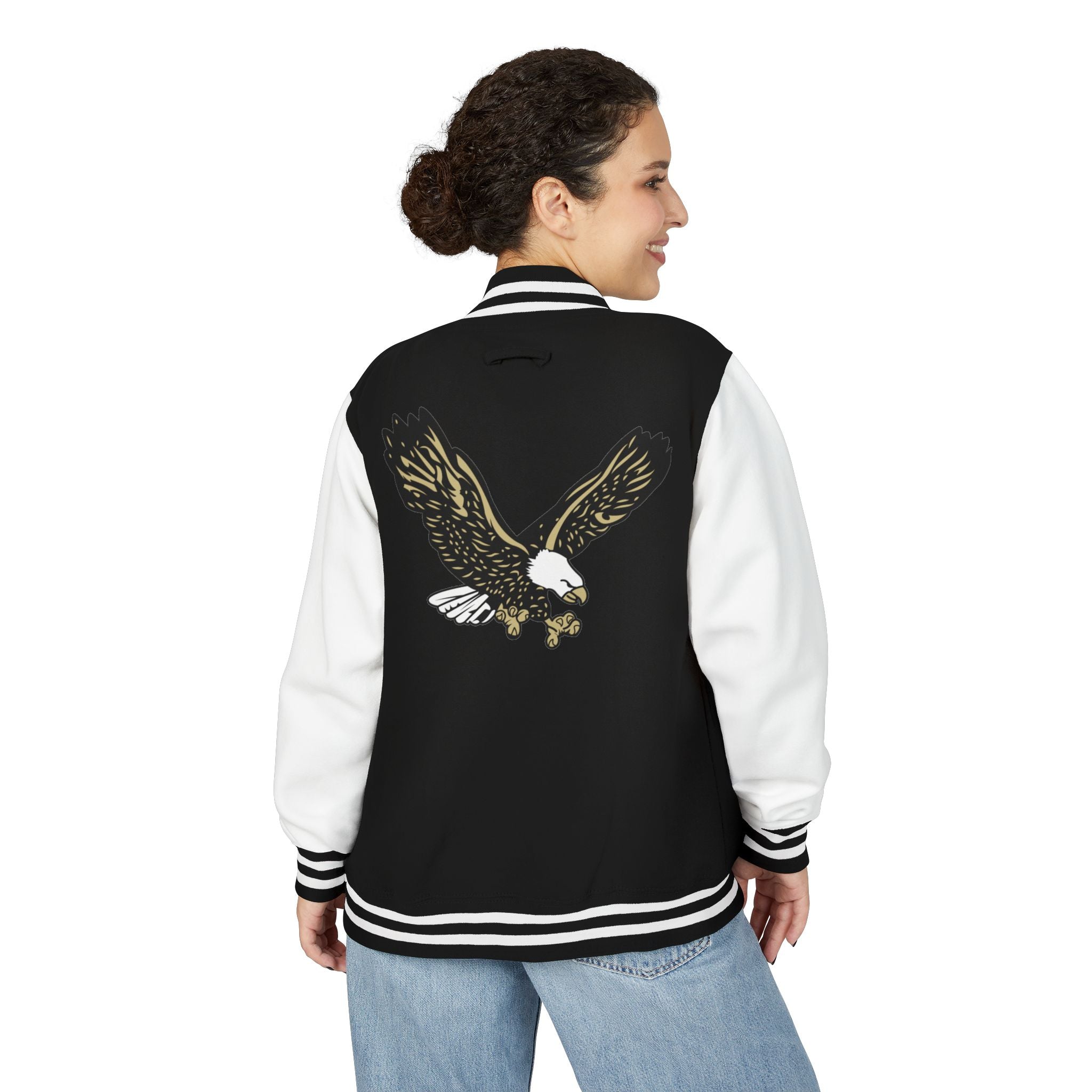 Adult Unisex Heavyweight Letterman Style Jacket with Front Gold Classic Logo and Back Eagle