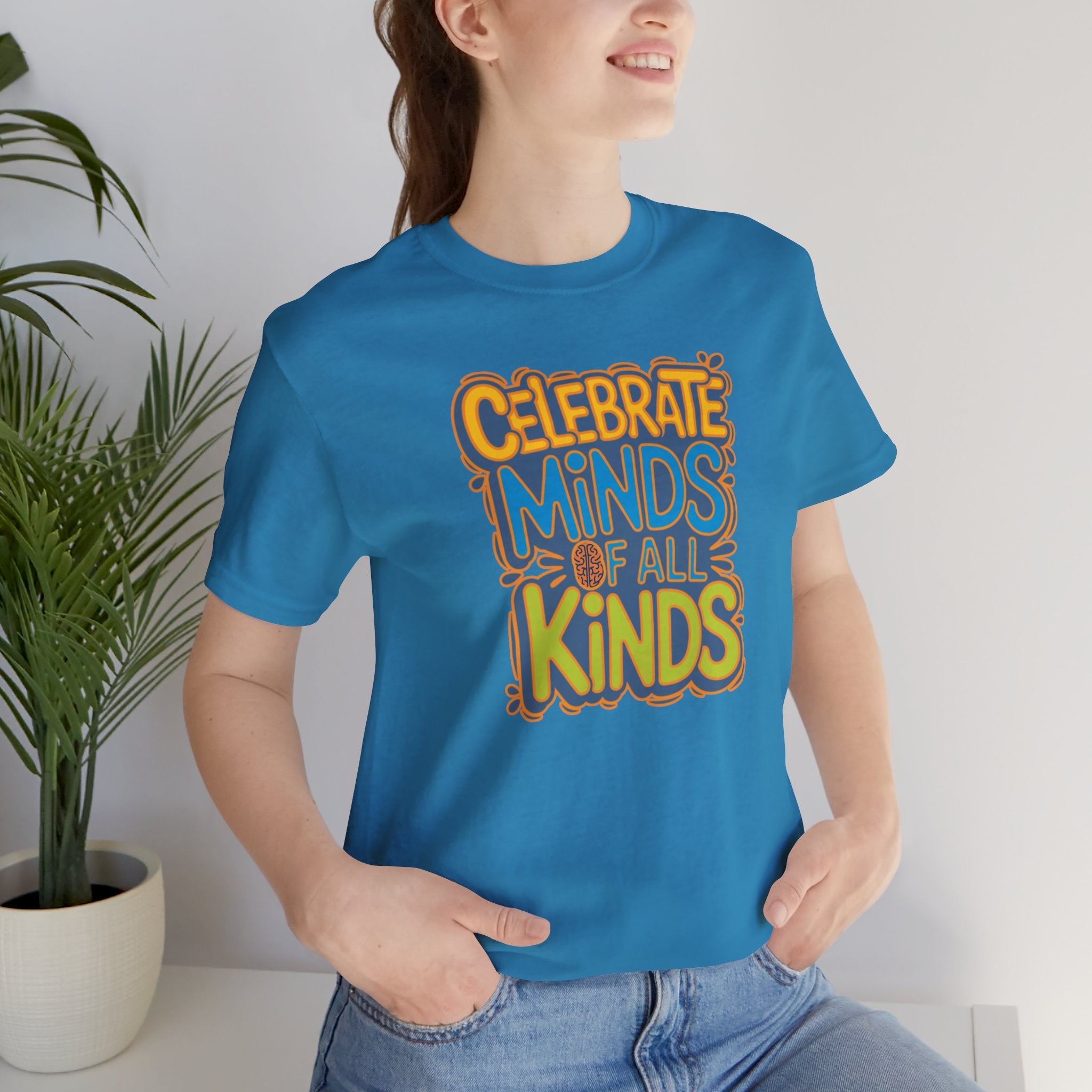 Adult Unisex Celebrate Minds Bubble Font Graphic Short Sleeve Soft Tee - Bridgeway Academy