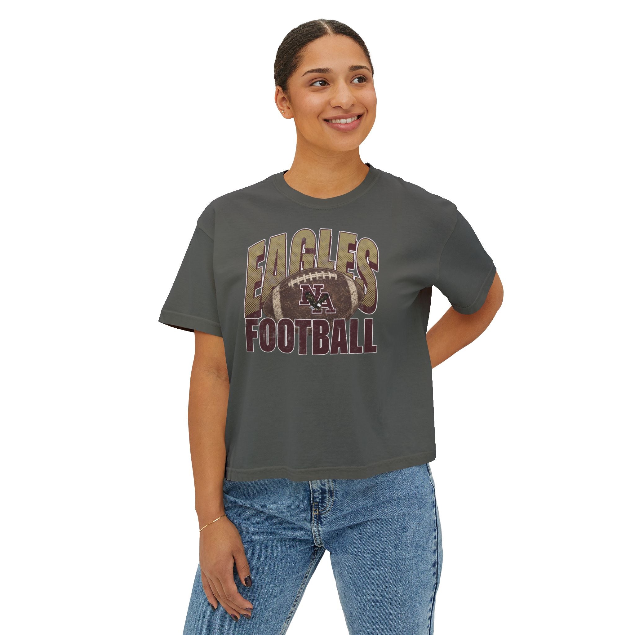 Women's New Albany First-Down Distressed Football Graphic Boxy Crop Short Sleeve Tee