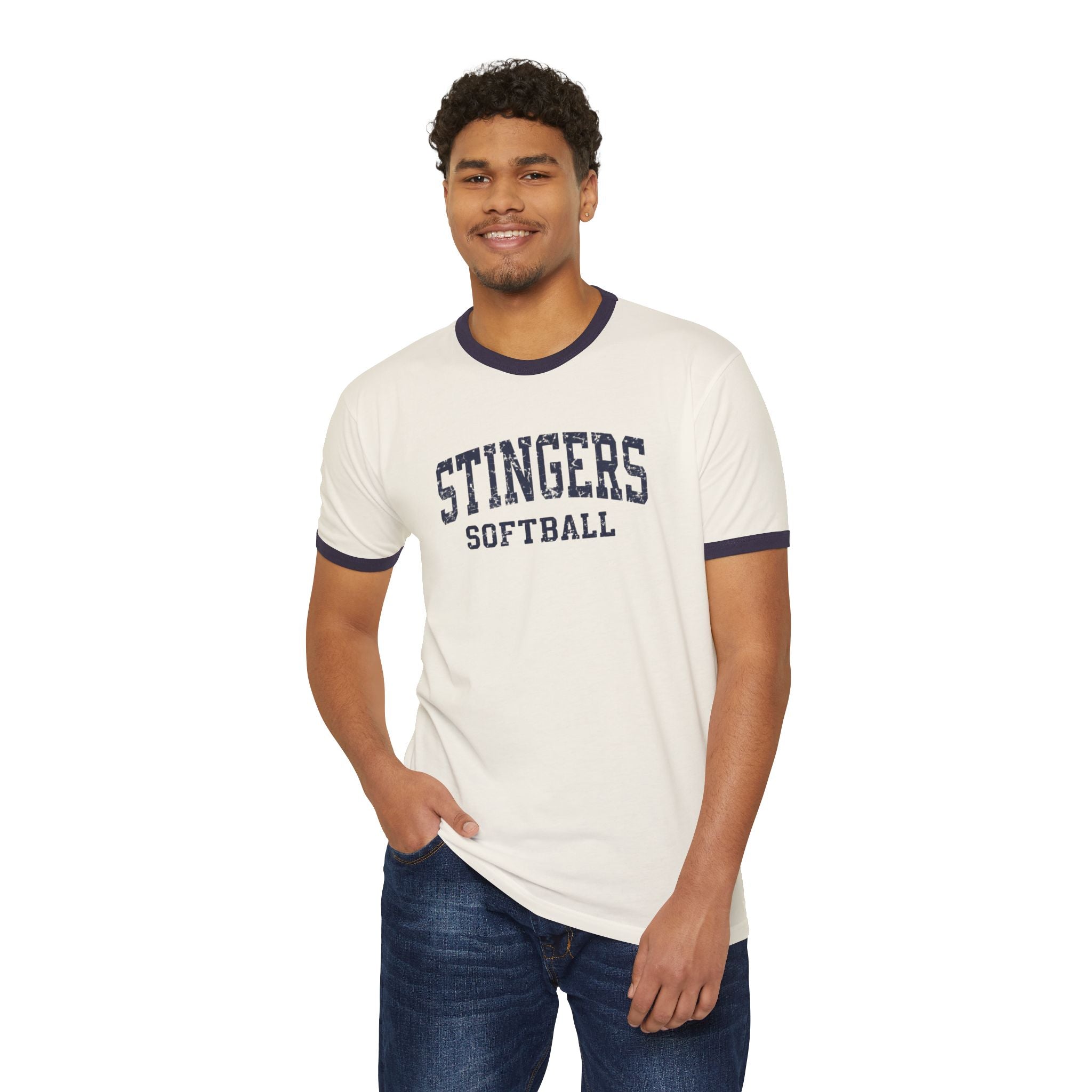 Adult Unisex Stingers Softball Vintage Distressed Graphic Short Sleeve Ringer Tee
