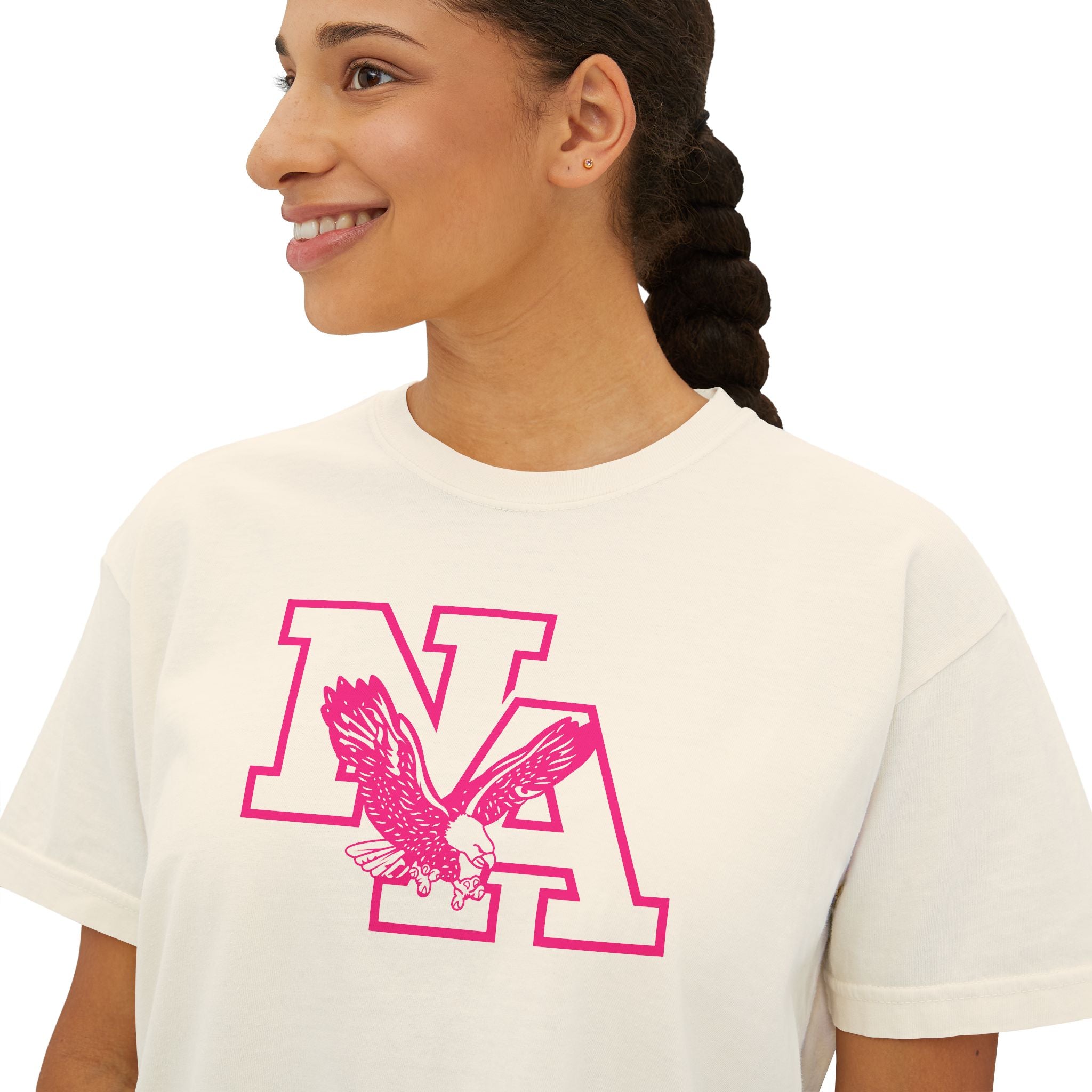 Women's Neon Pink Power Logo Graphic Boxy Crop Short Sleeve Tee - PINK OCTOBER