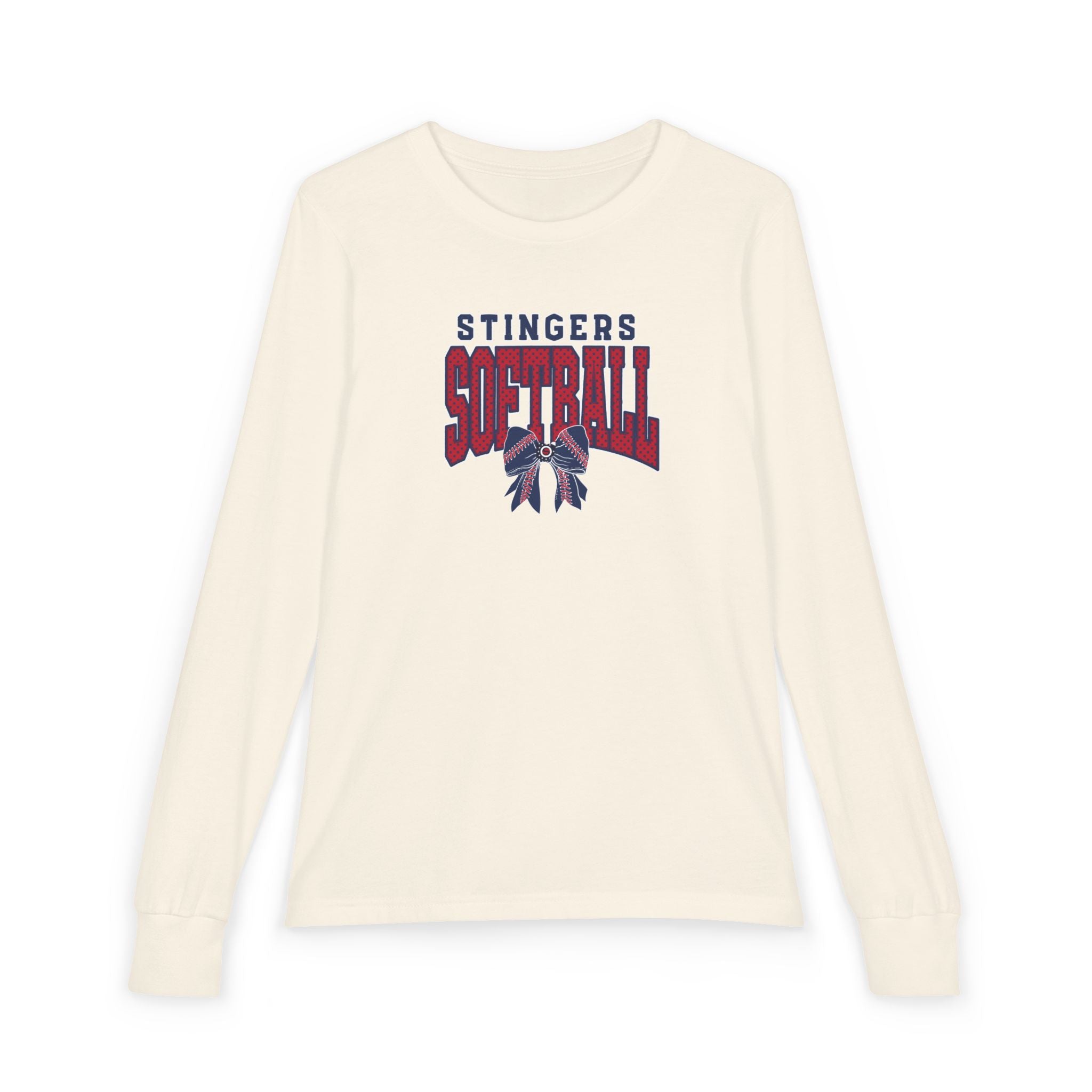 Youth Stingers Softball Stitched Bow Graphic Bella + Canvas Long Sleeve Soft Tee