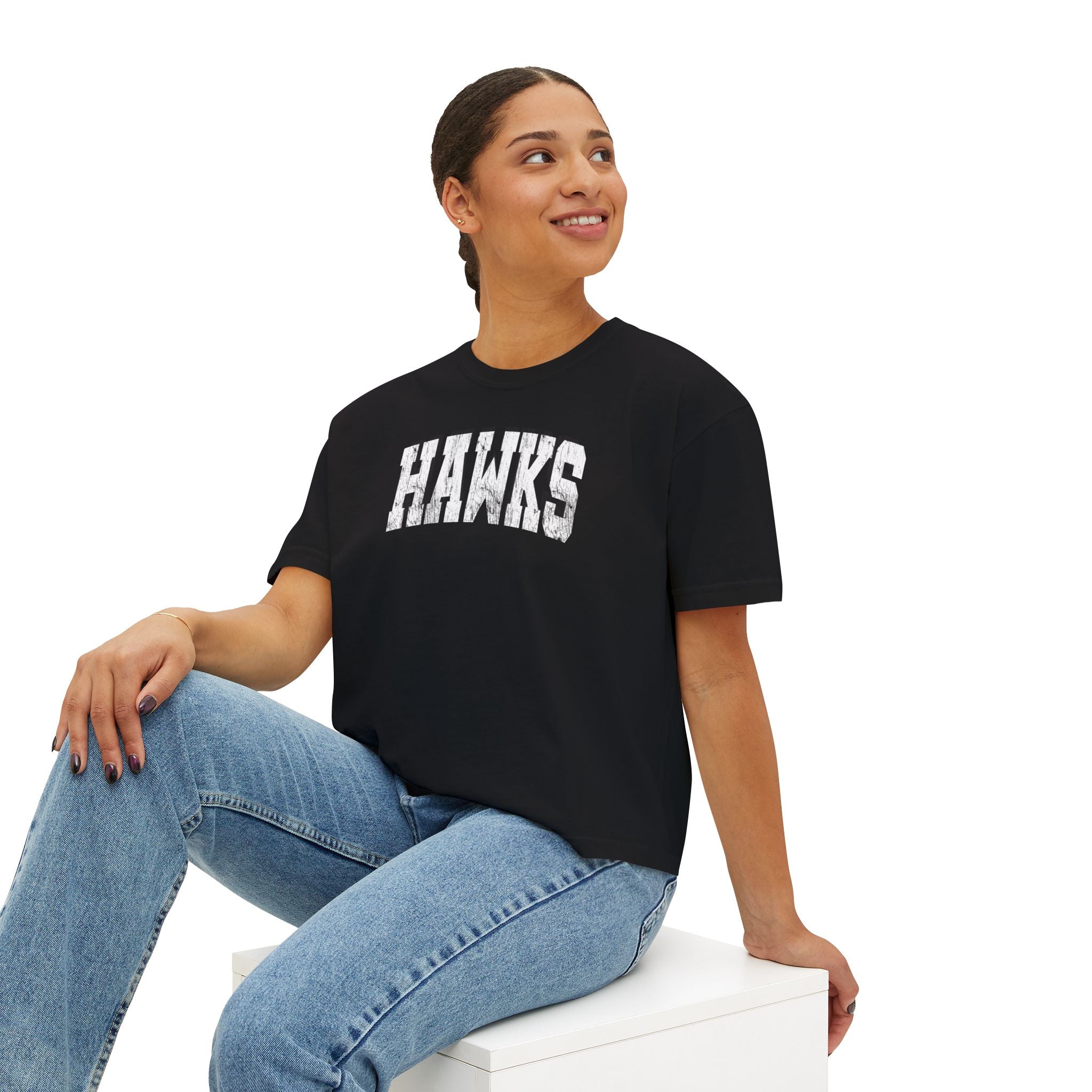 Women's Westerville Central Distressed Oversized Hawks Graphic Boxy Crop Short Sleeve Tee