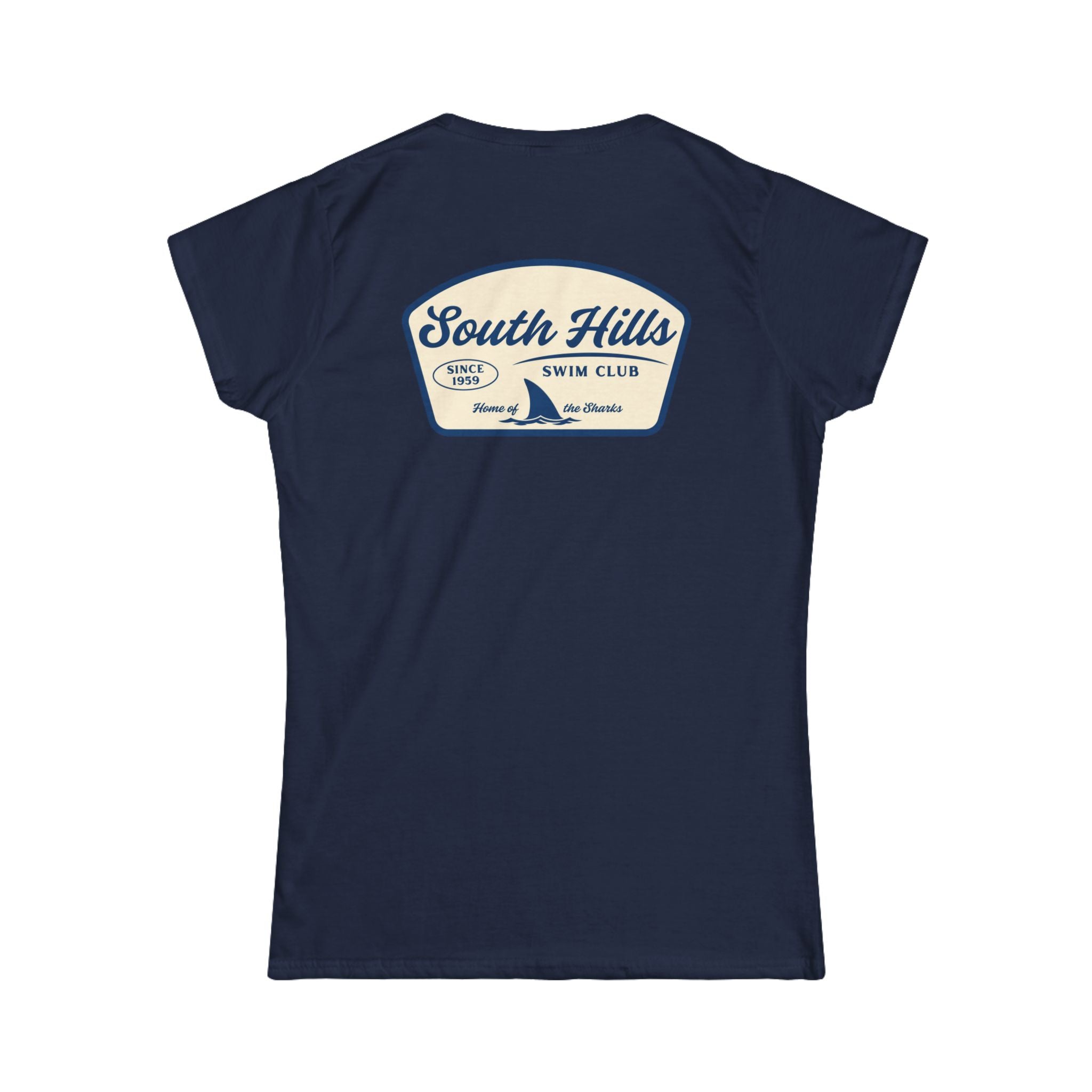 Women's South Hiils Swim Club Home of the Sharks Graphic Short Sleeve Gildan Softstyle Tee
