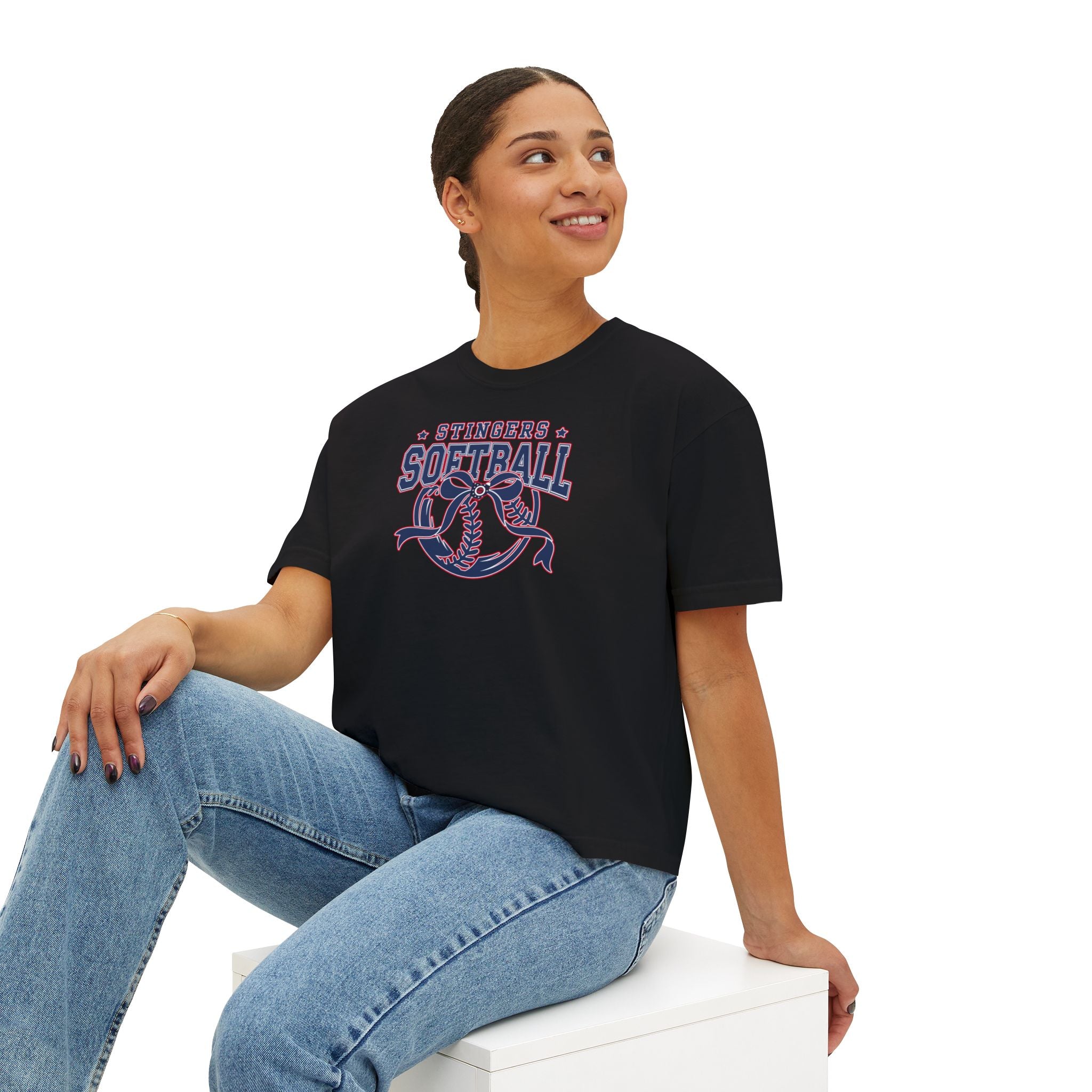 Women's Stingers Softball Spirit Bow Graphic Boxy Crop Short Sleeve Tee