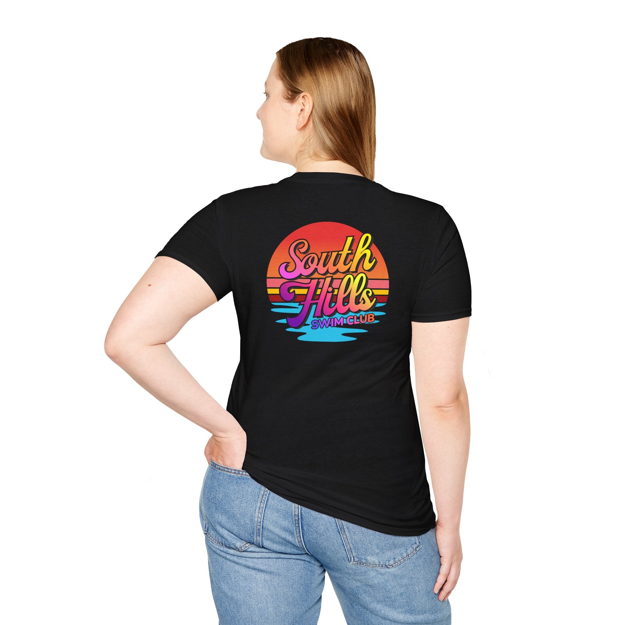 Adult Unisex South Hills Swim Club Sunset Script Graphic Short Sleeve Gildan Softstyle Tee