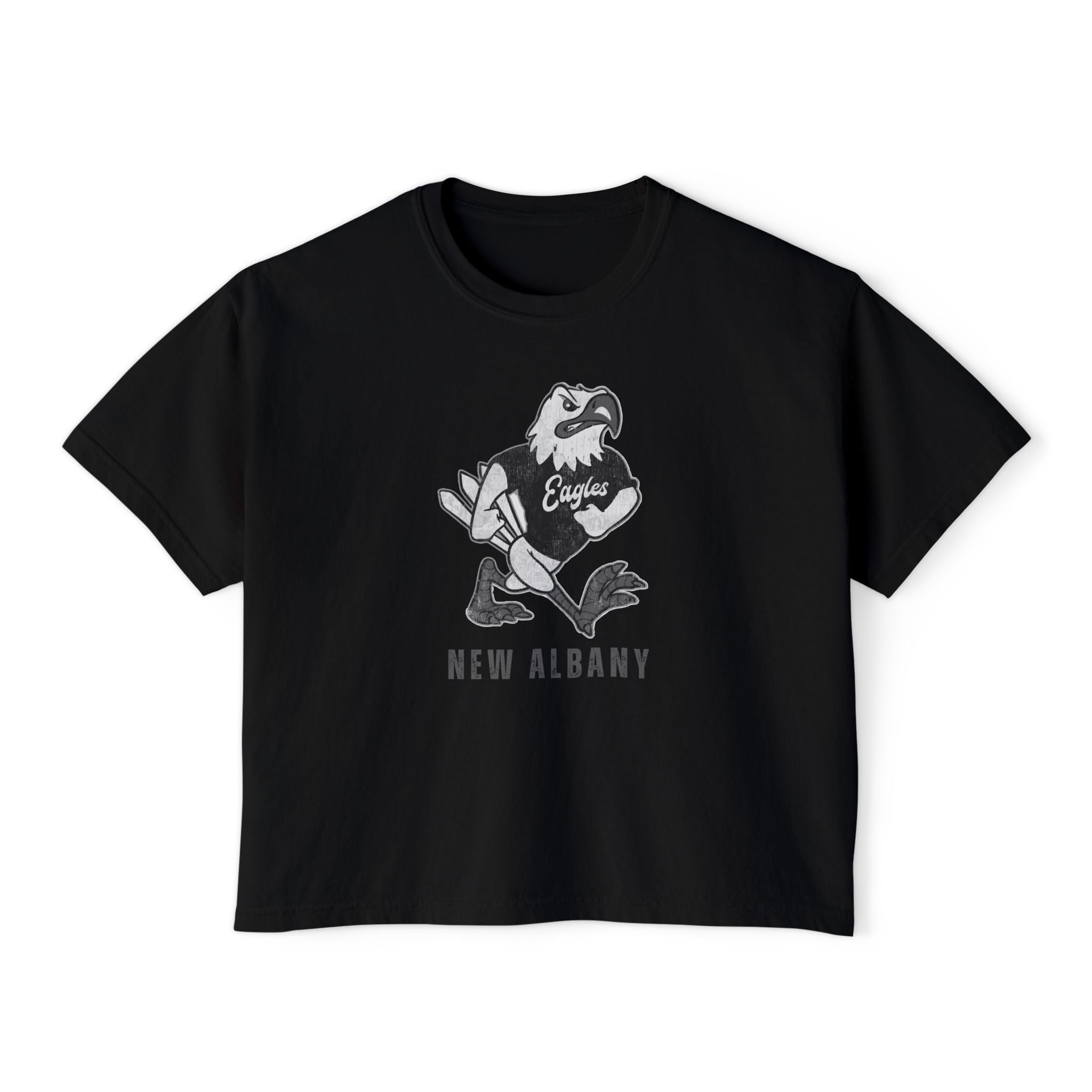 Women's New Albany Black and White Vintage Fighting Eagle Graphic Boxy Crop Short Sleeve Tee