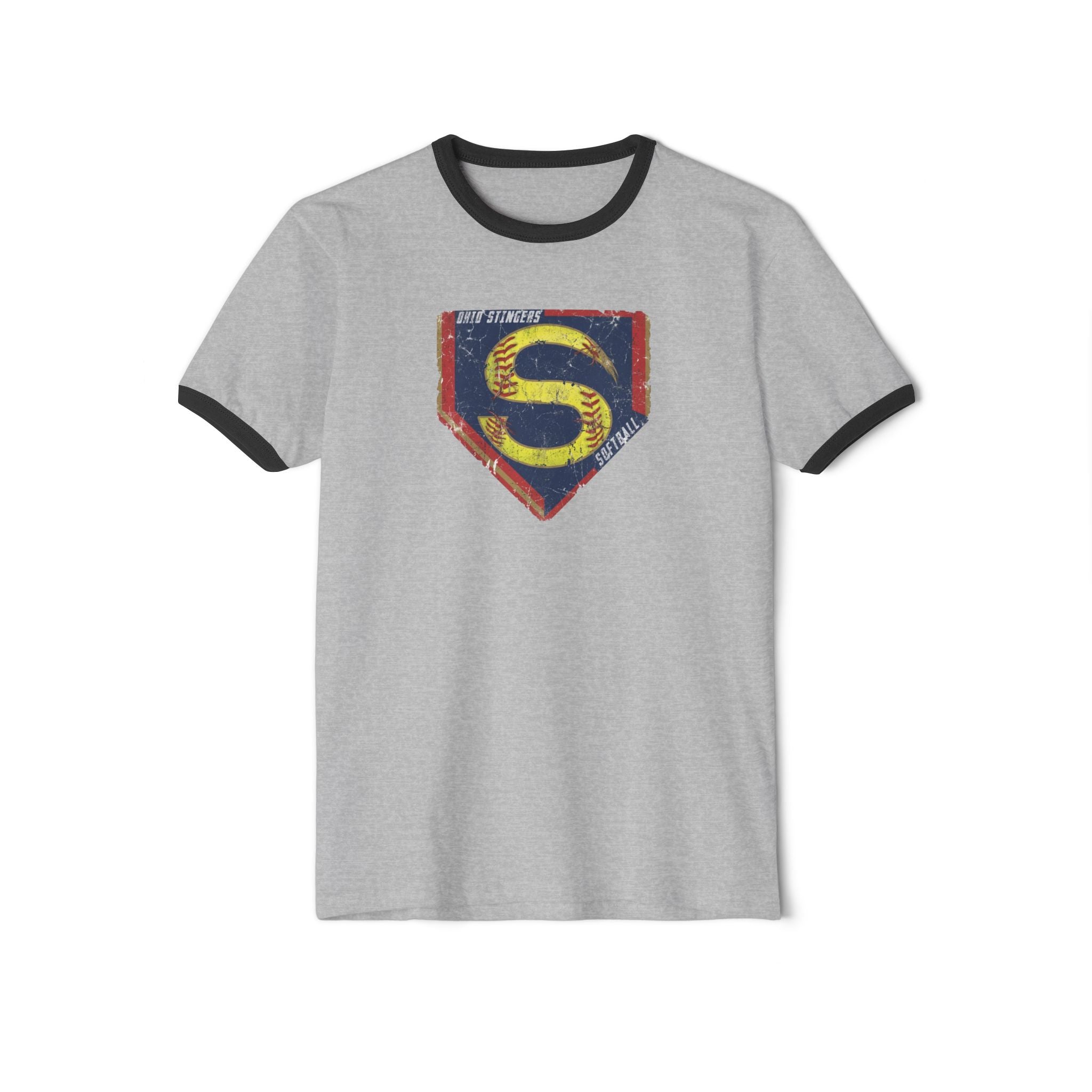 Adult Unisex Stingers Softball Distressed Logo Graphic Short Sleeve Ringer Tee