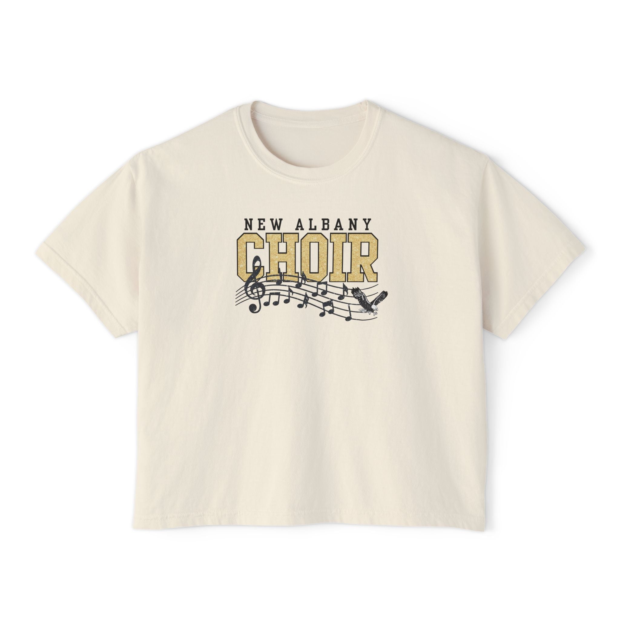 Women's New Albany Choir Digital Glitter Graphic Boxy Crop Short Sleeve Tee