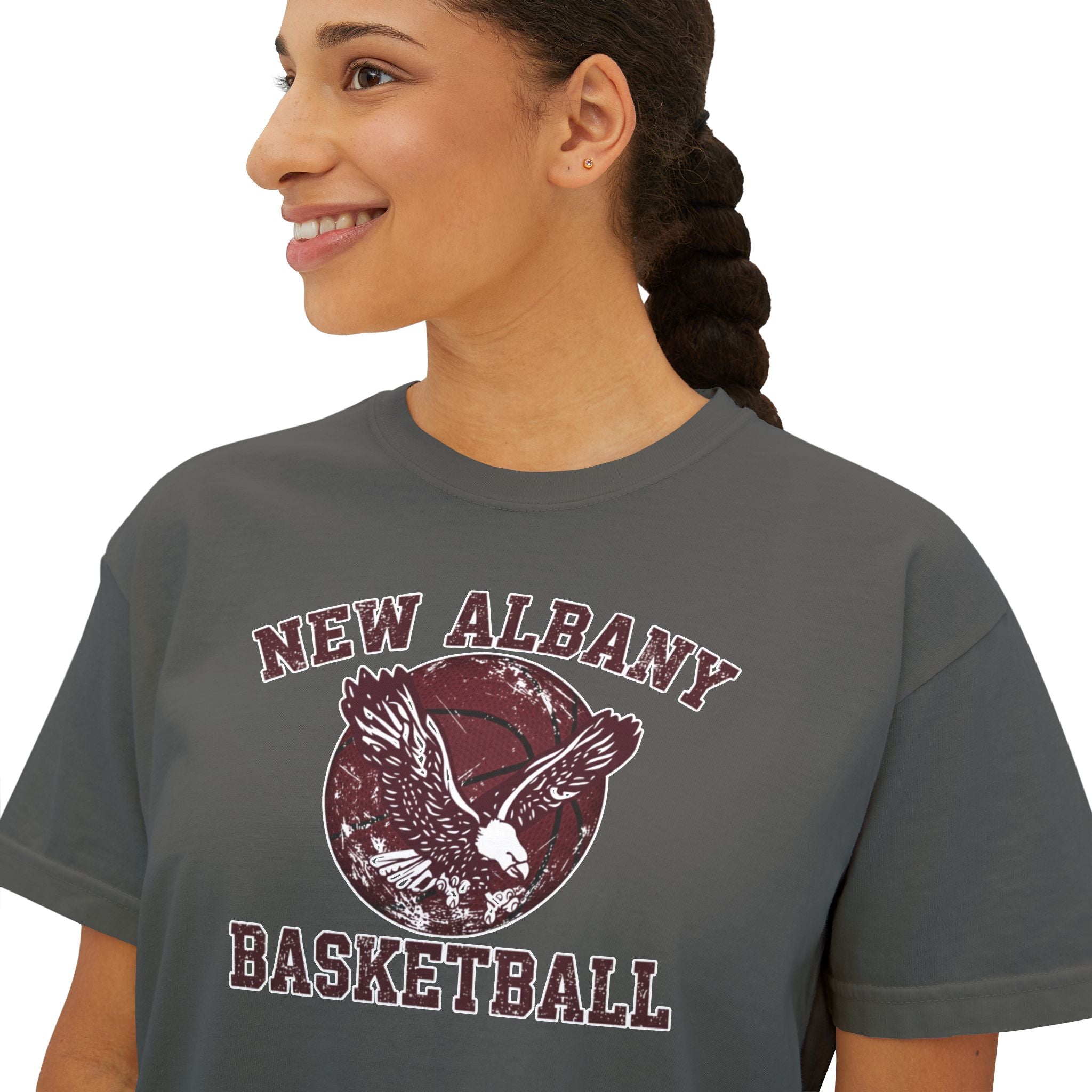 Women's New Albany Eagles Basketball Vintage Victory Graphic Boxy Crop Short Sleeve Tee