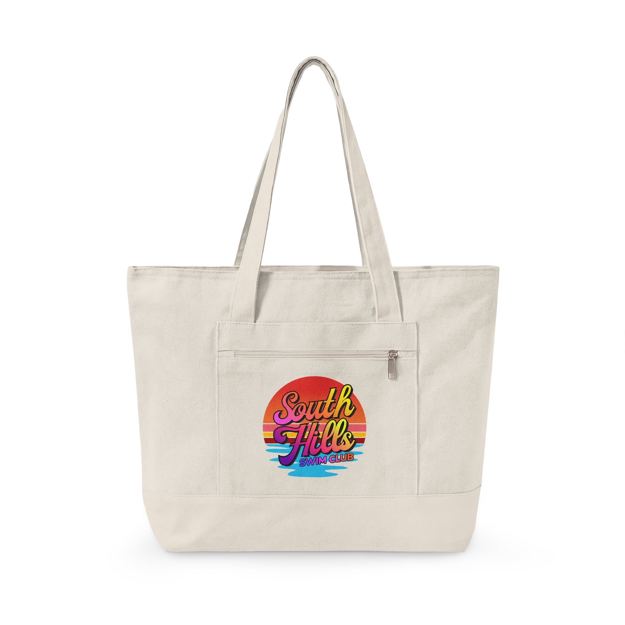South Hills Swim Club Sunset Script Graphic Large Zippered Canvas Tote