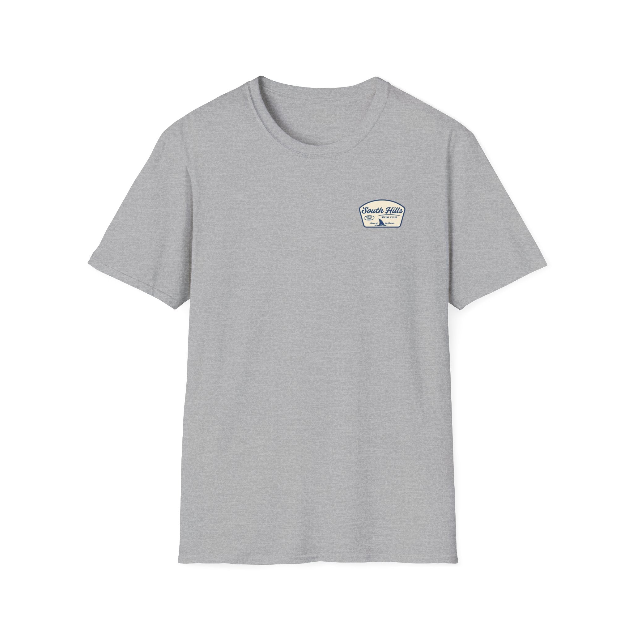 Adult Unisex South Hills Swim Club Home of the Sharks Graphic Short Sleeve Gildan Softstyle Tee