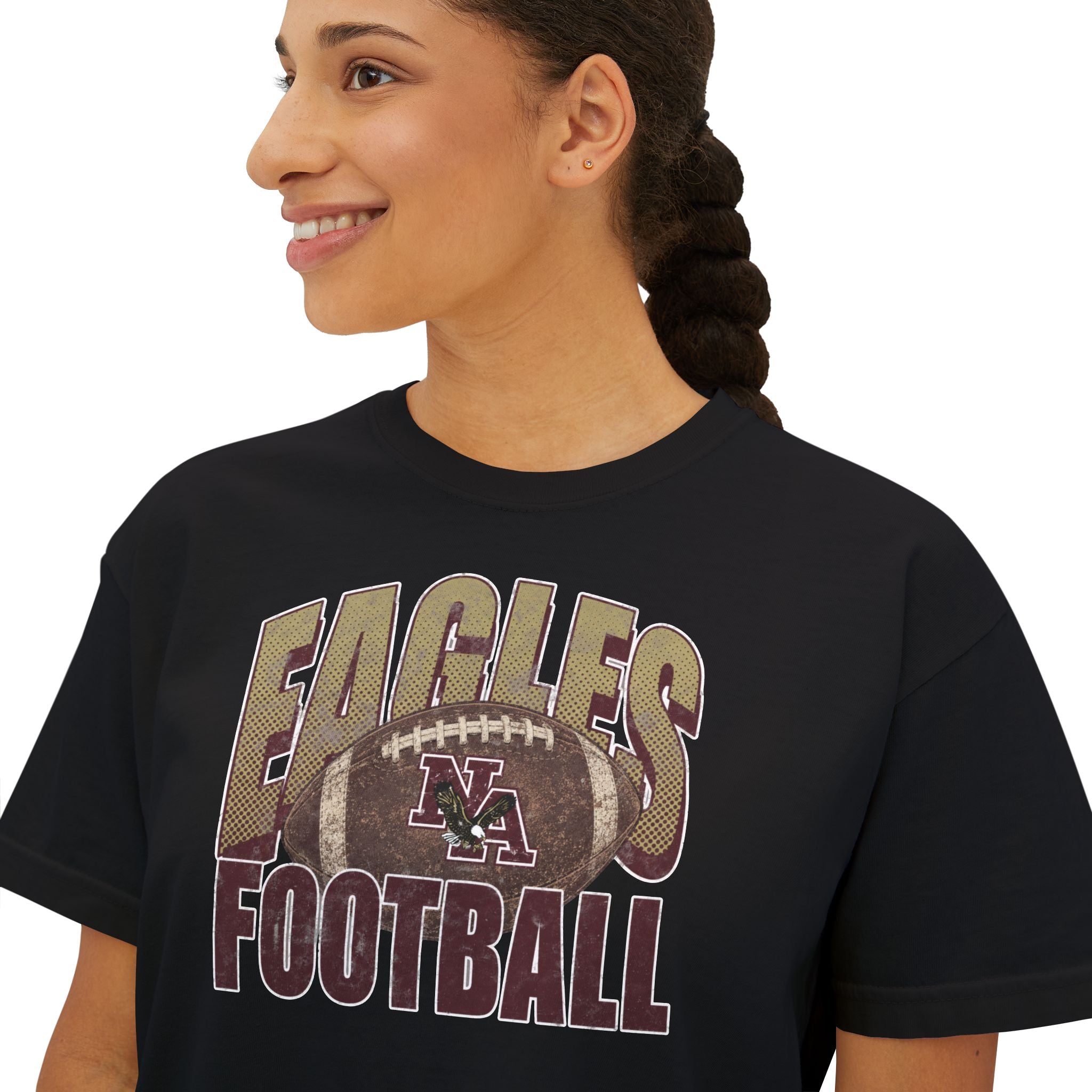Women's New Albany First-Down Distressed Football Graphic Boxy Crop Short Sleeve Tee