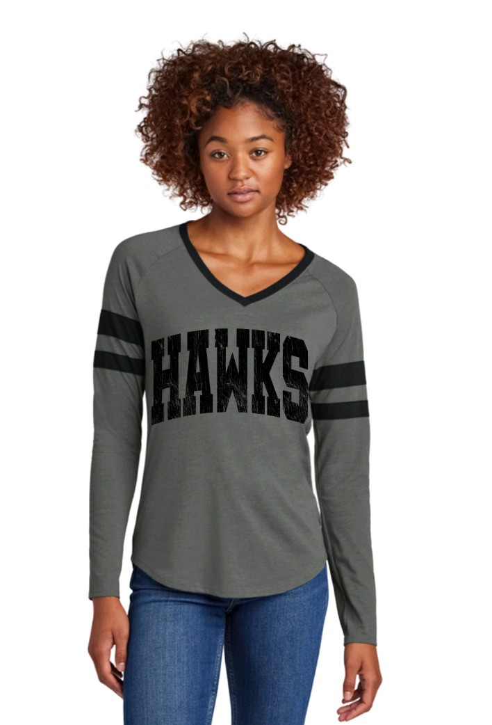 Women's Westerville Central Distressed Oversized Hawks Graphic Halftime Stripe V-Neck Tee